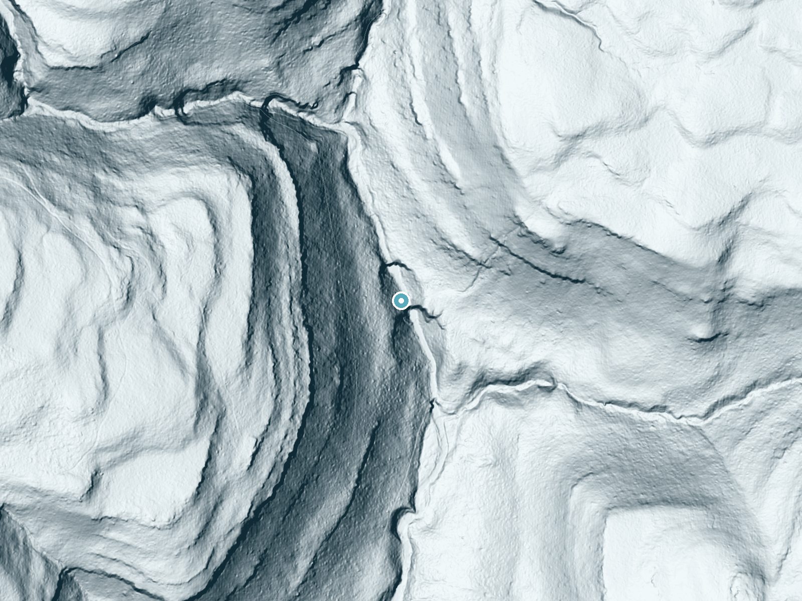 LiDAR bare-earth terrain around Murray Reynolds Falls near Jamison City, Pennsylvania, showing about 156 feet of drop, a steep tiered drop, facing east