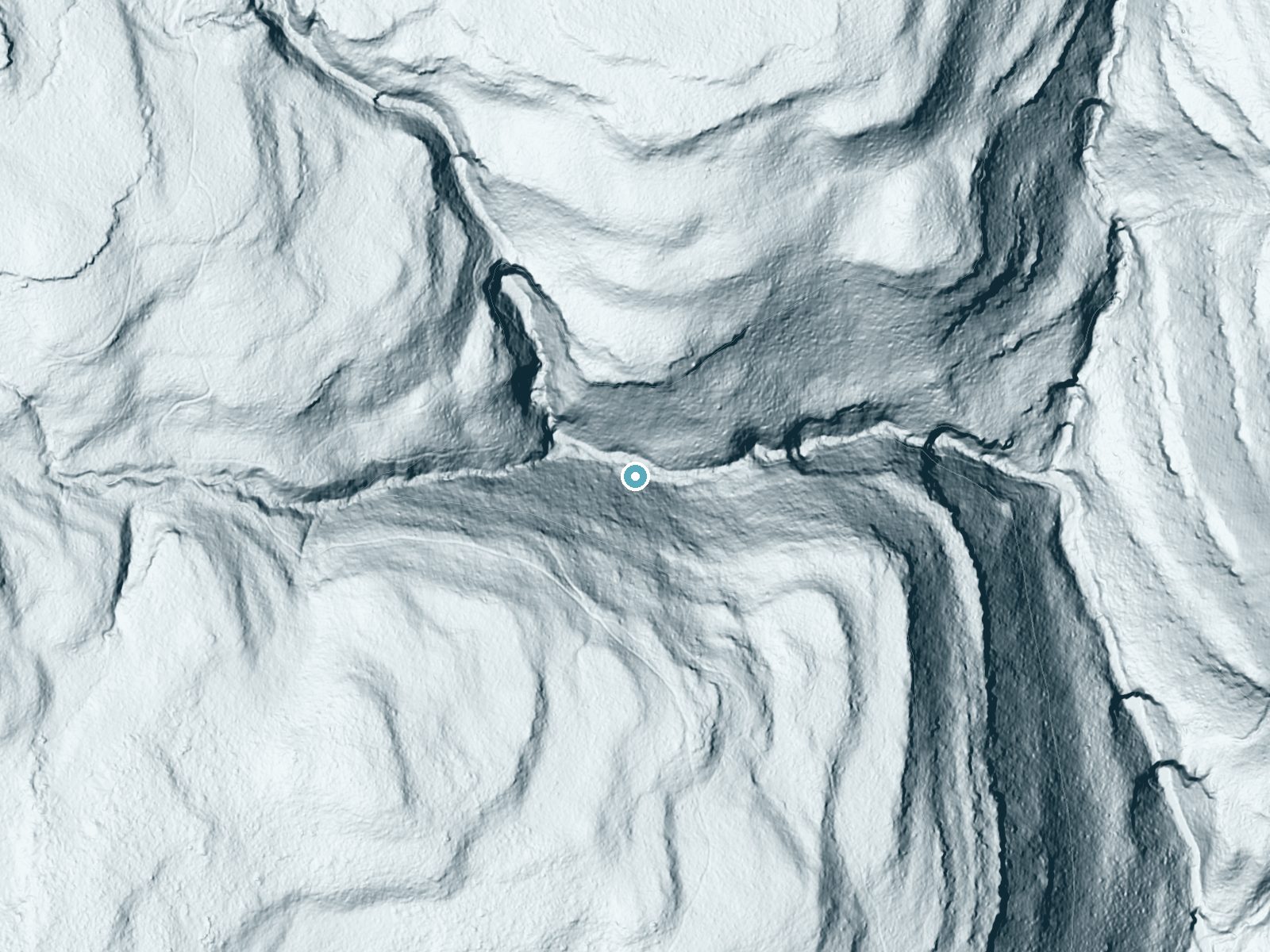 LiDAR bare-earth terrain around Conestoga Falls near Jamison City, Pennsylvania, showing about 189 feet of drop, a steep tiered drop, facing northeast
