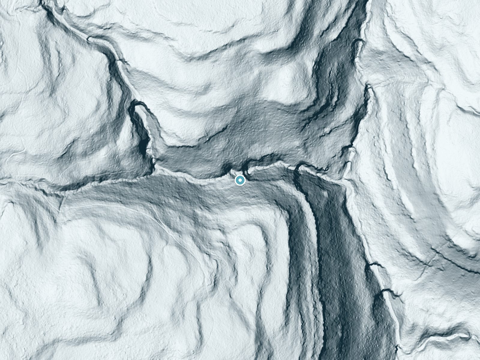 LiDAR bare-earth terrain around Tuscarora Falls near Jamison City, Pennsylvania, showing about 239 feet of drop, a steep tiered drop, facing north