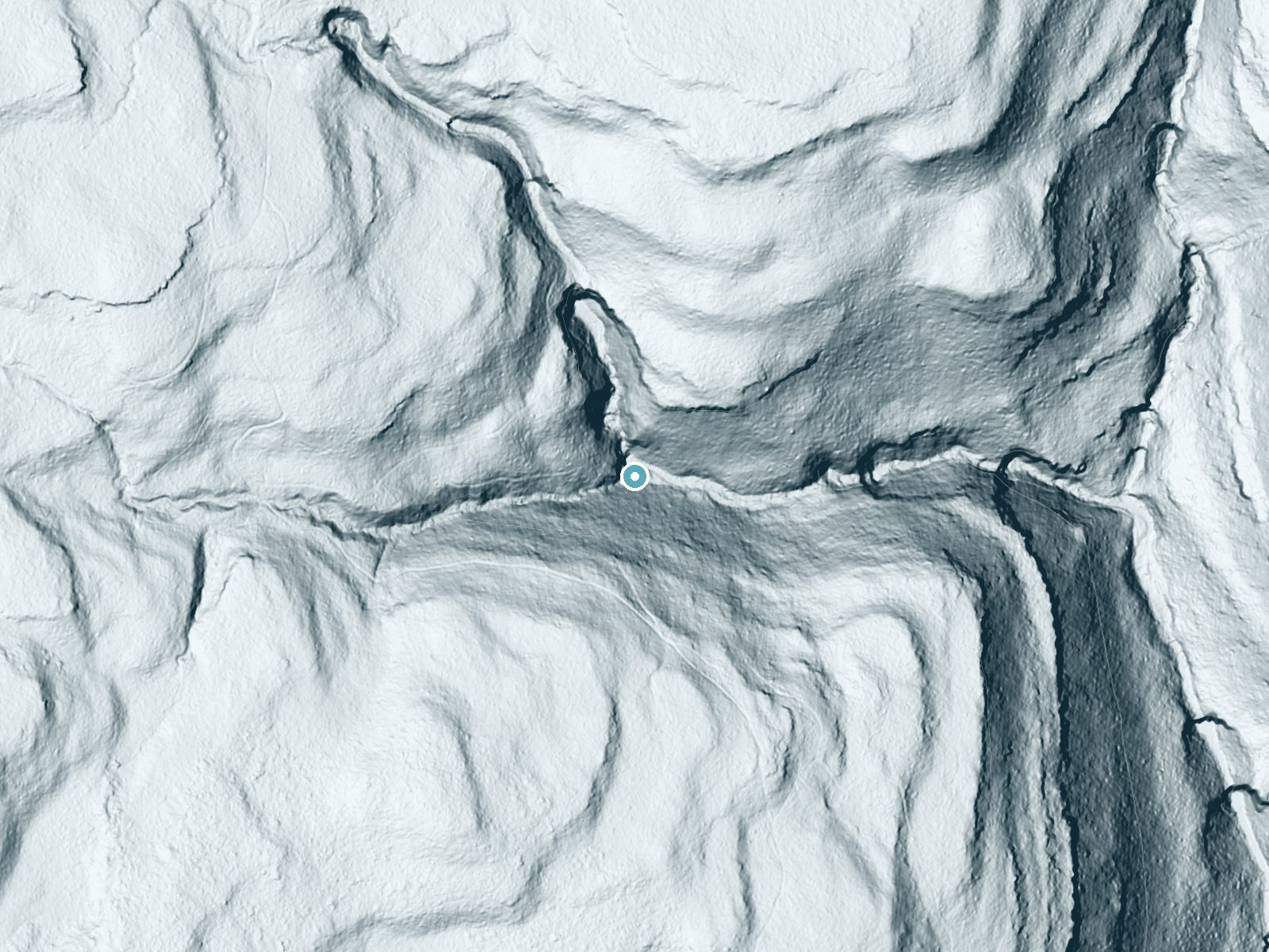 LiDAR bare-earth terrain around Mohican Falls near Jamison City, Pennsylvania, showing about 171 feet of drop, a long cascade, facing east