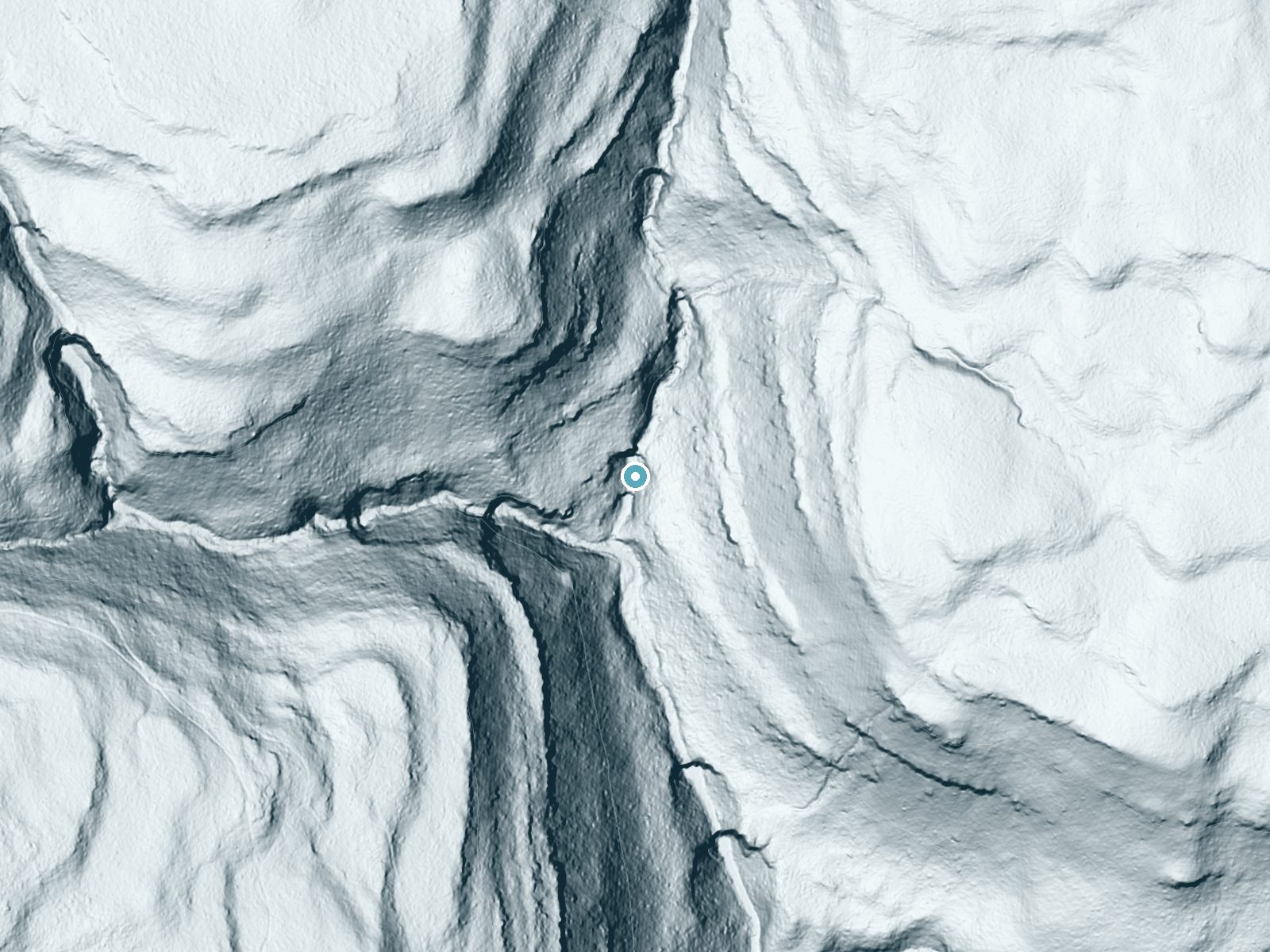LiDAR bare-earth terrain around Wyandot Falls near Jamison City, Pennsylvania, showing about 143 feet of drop, a steep tiered drop, facing southwest
