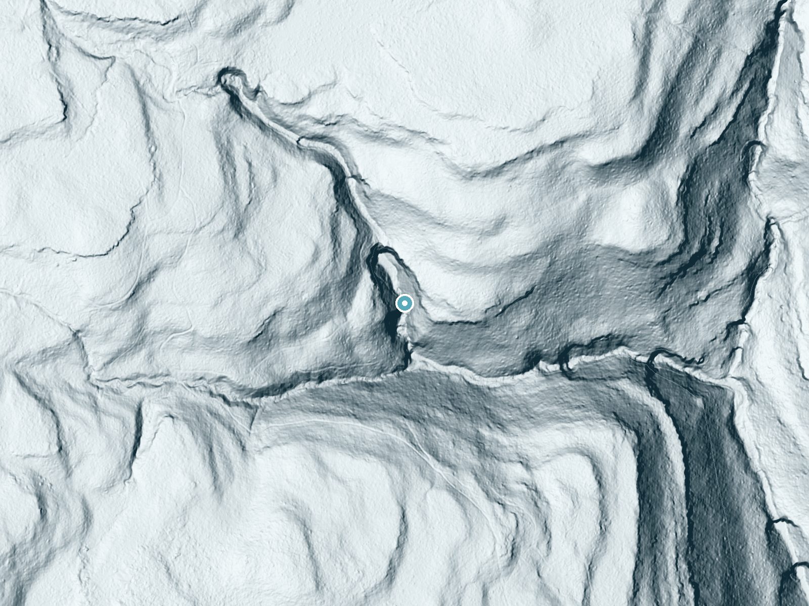 LiDAR bare-earth terrain around Seneca Falls near Jamison City, Pennsylvania, showing about 185 feet of drop, a steep tiered drop, facing south