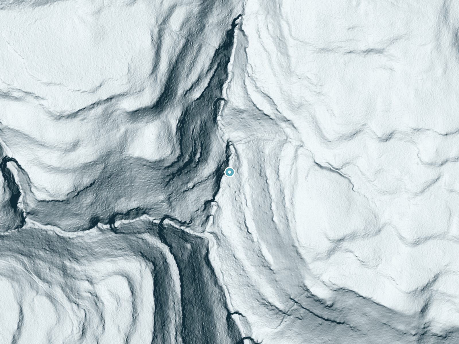 LiDAR bare-earth terrain around B Reynolds Falls near Jamison City, Pennsylvania, showing about 163 feet of drop, a steep tiered drop, facing southwest