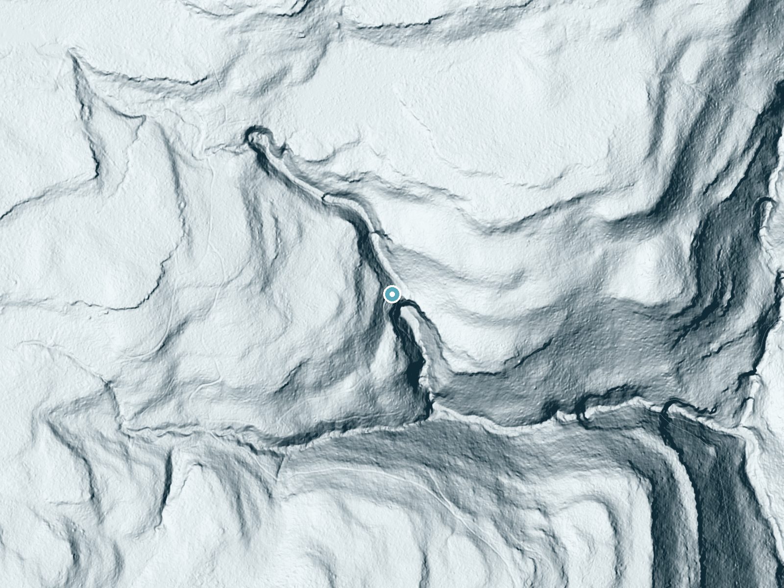 LiDAR bare-earth terrain around Ganoga Falls near Jamison City, Pennsylvania, showing about 207 feet of drop, a steep tiered drop, facing southeast