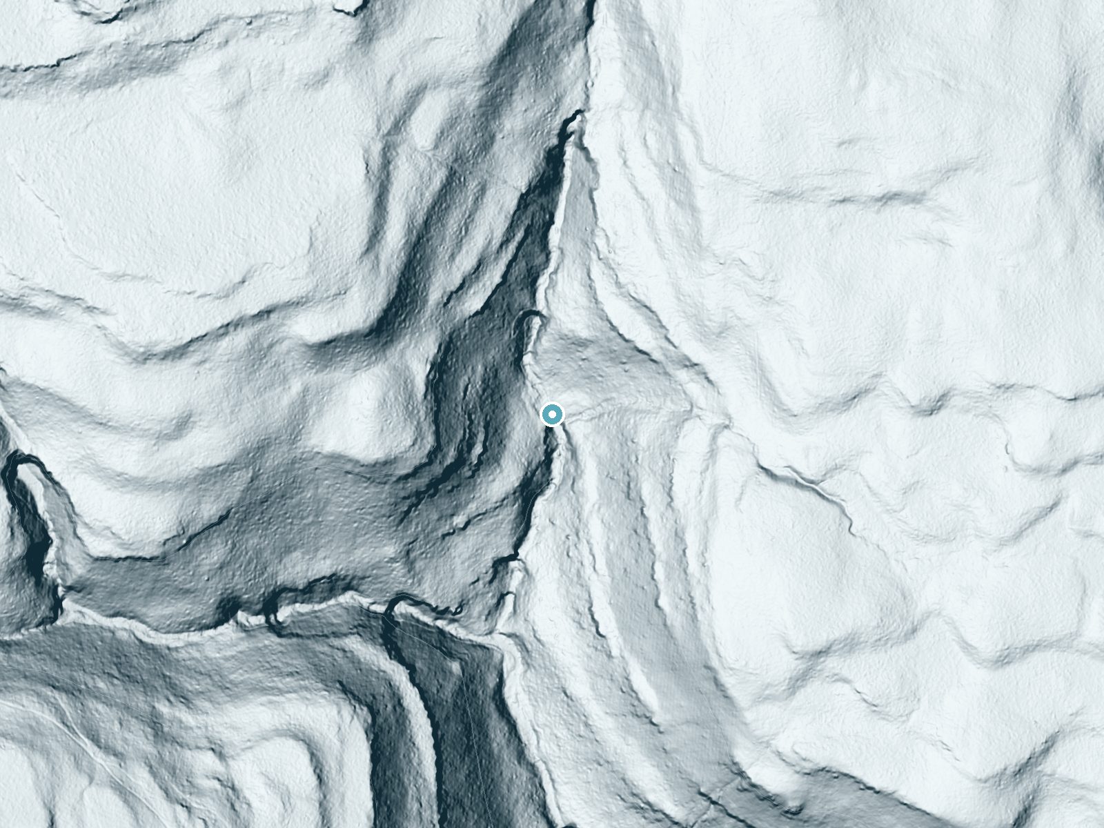 LiDAR bare-earth terrain around R B Ricketts Falls near Jamison City, Pennsylvania, showing about 135 feet of drop, a long cascade, facing south