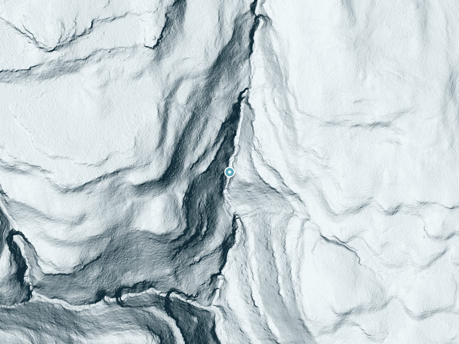 LiDAR bare-earth terrain around Ozone Falls near Jamison City, Pennsylvania, showing about 201 feet of drop, a steep tiered drop, facing south