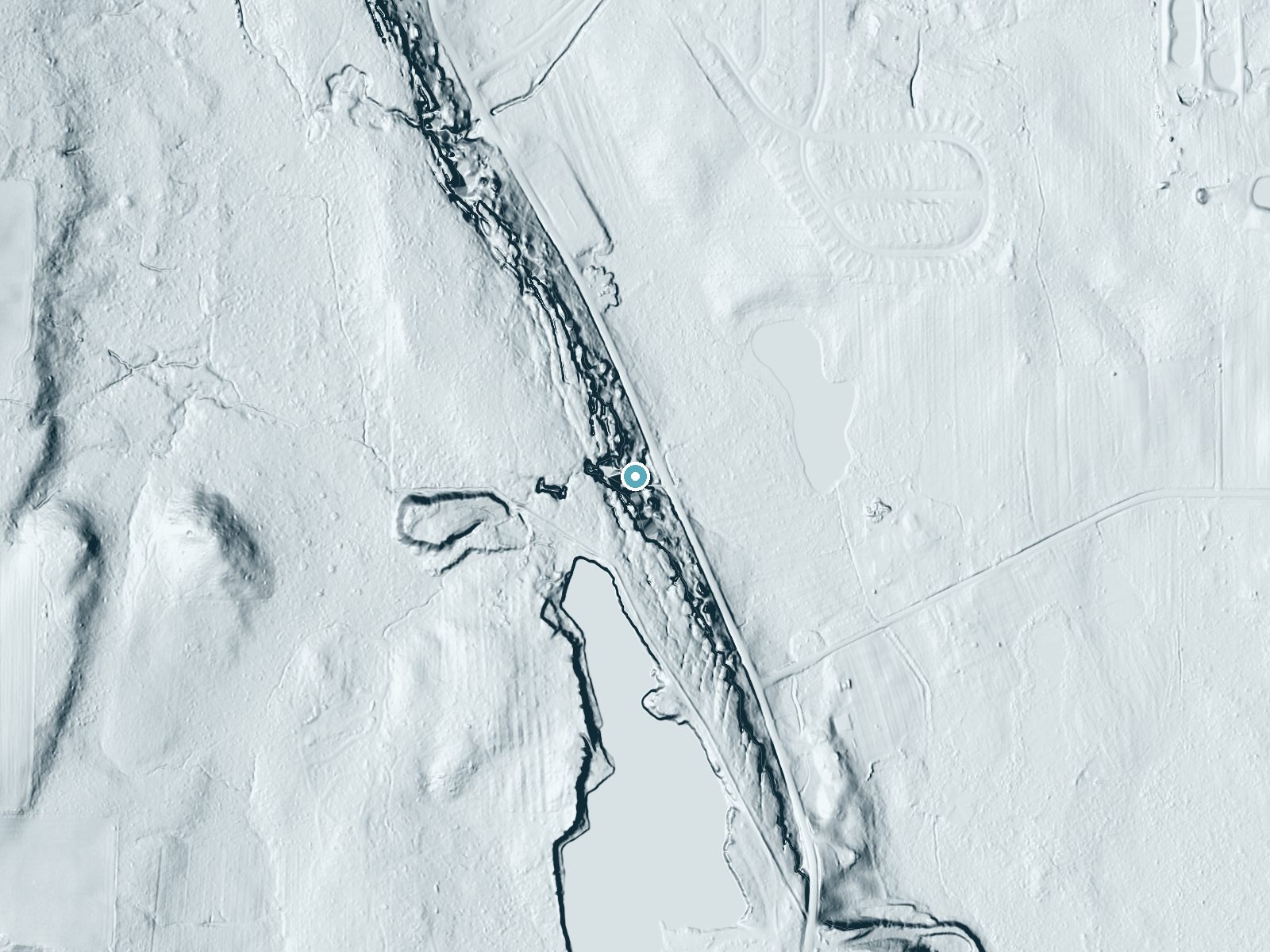 LiDAR bare-earth terrain around Minnehaha Falls near Parkman, Ohio, showing about 69 feet of drop, a steep tiered drop, facing east