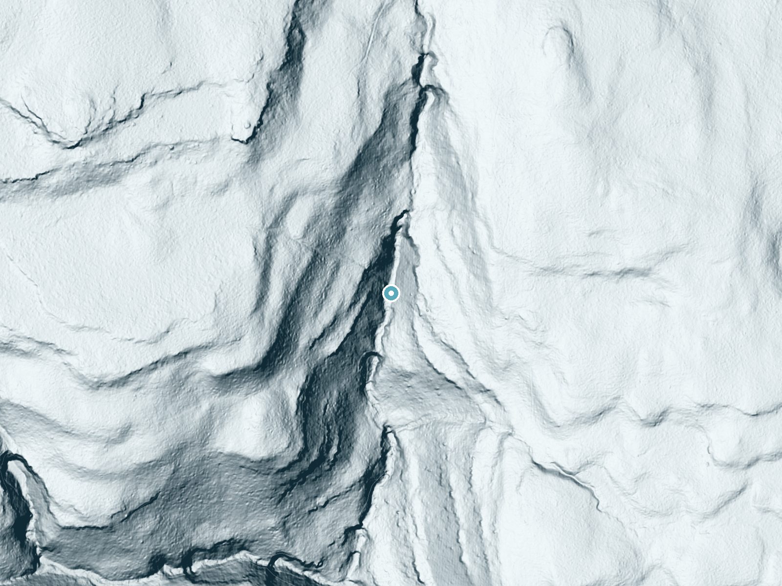 LiDAR bare-earth terrain around Huron Falls near Jamison City, Pennsylvania, showing about 166 feet of drop, a long cascade, facing southwest