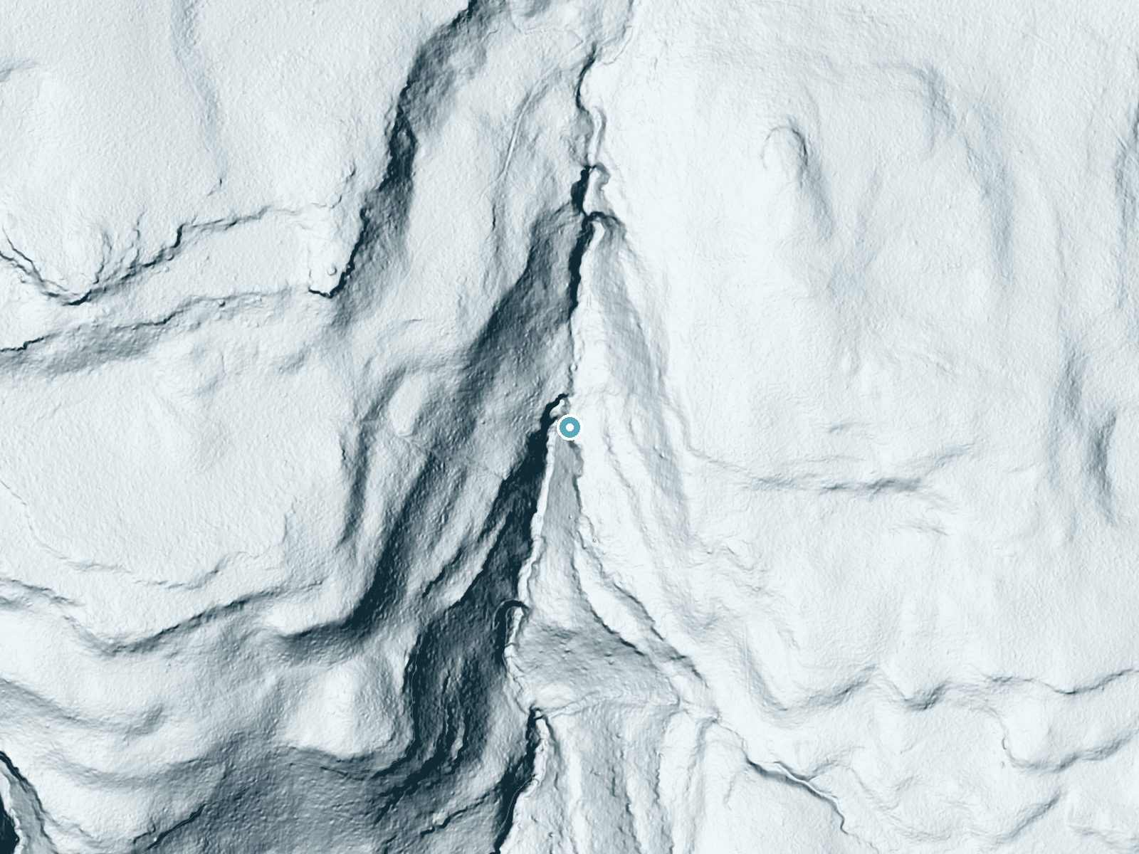 LiDAR bare-earth terrain around Shawnee Falls near Jamison City, Pennsylvania, showing about 173 feet of drop, a steep tiered drop, facing southwest