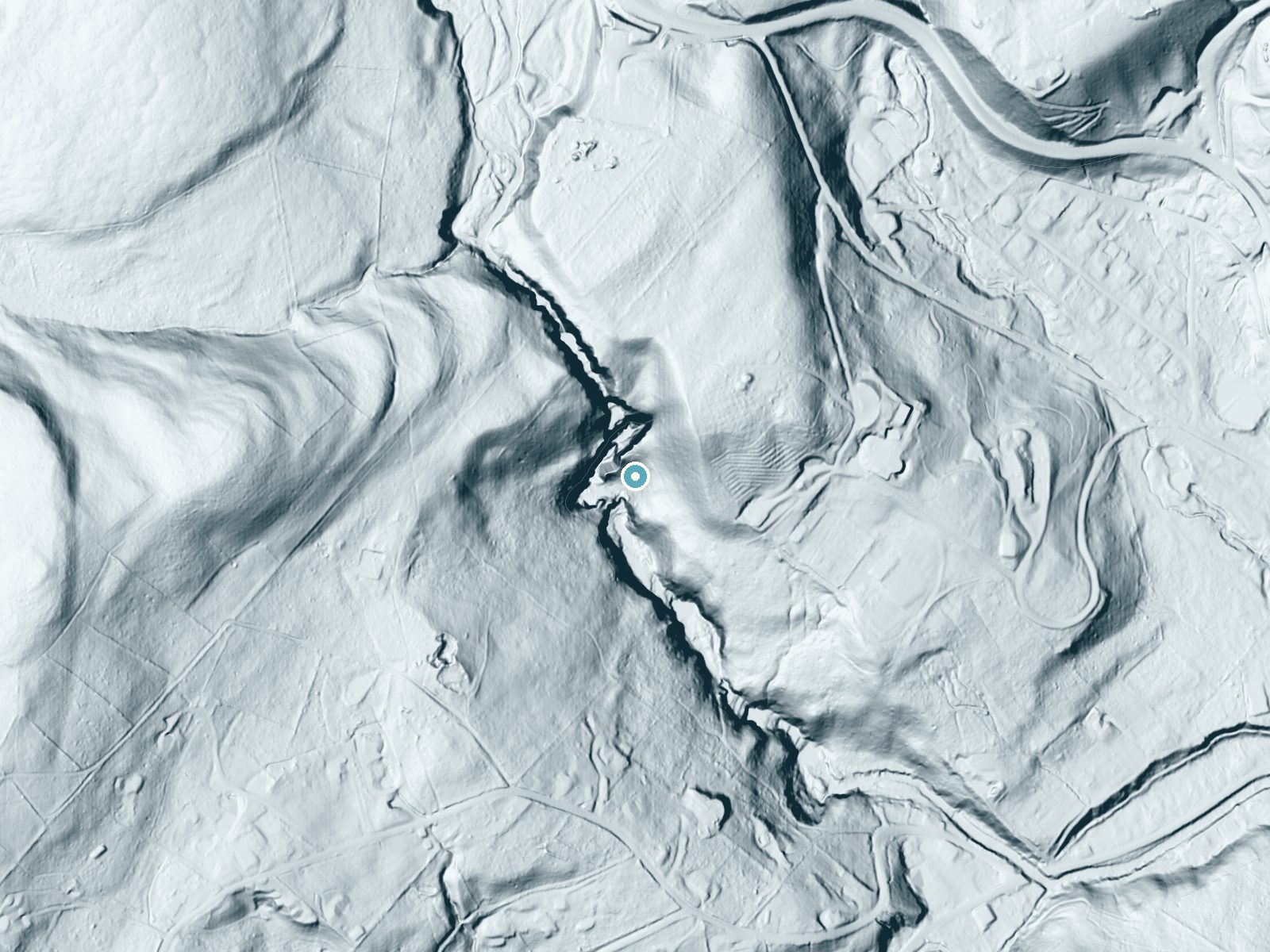 LiDAR bare-earth terrain around Pinchot Falls near Milford, Pennsylvania, showing about 183 feet of drop, a steep tiered drop, facing southwest
