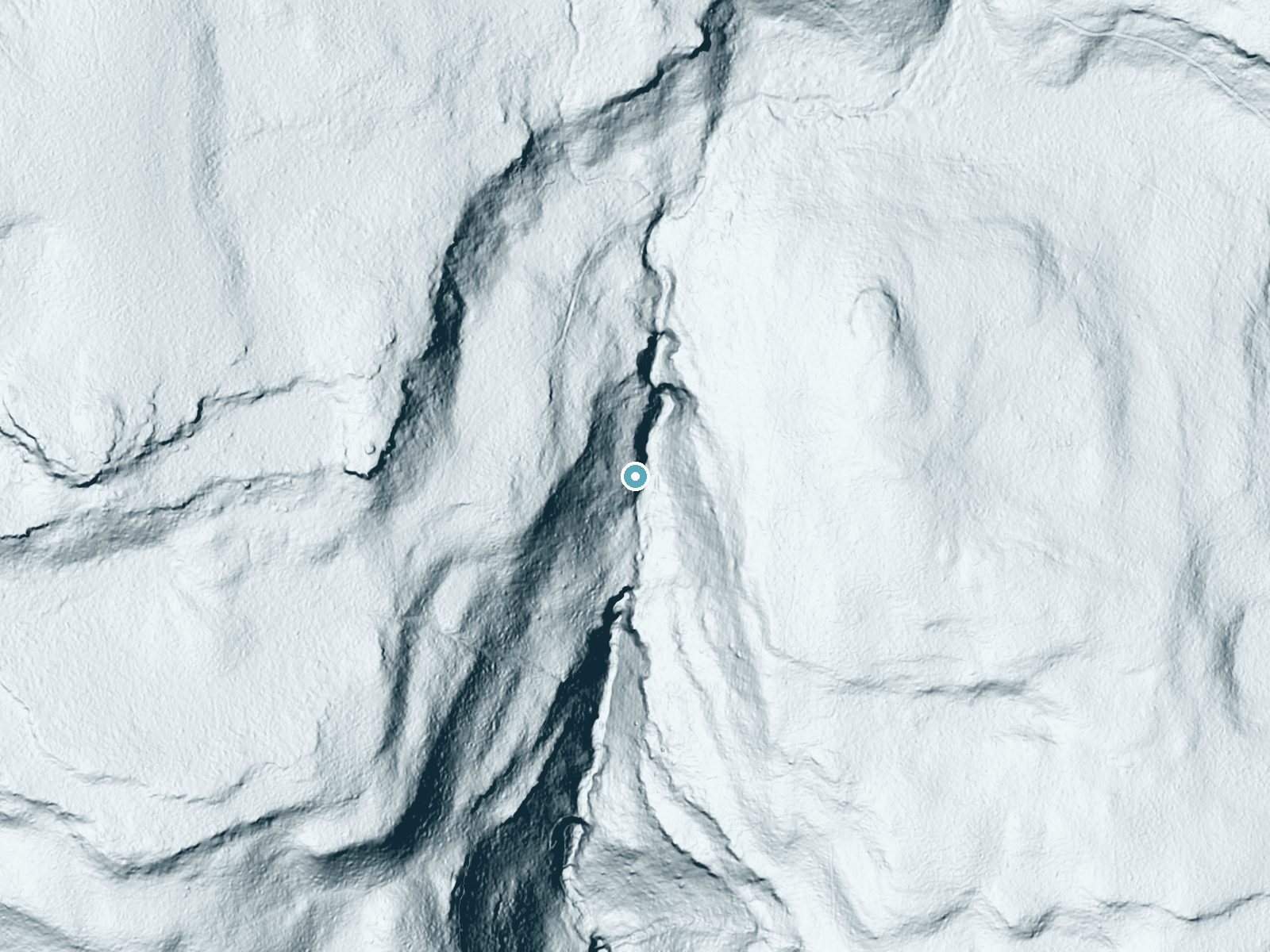 LiDAR bare-earth terrain around F L Ricketts Falls near Jamison City, Pennsylvania, showing about 145 feet of drop, a steep tiered drop, facing southeast