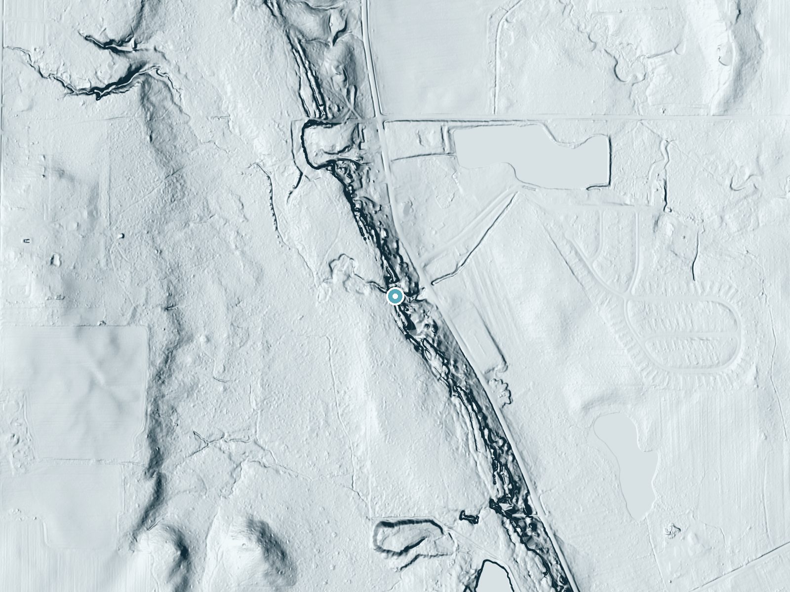 LiDAR bare-earth terrain around Cascade Falls near Parkman, Ohio, showing about 80 feet of drop, a steep tiered drop, facing east
