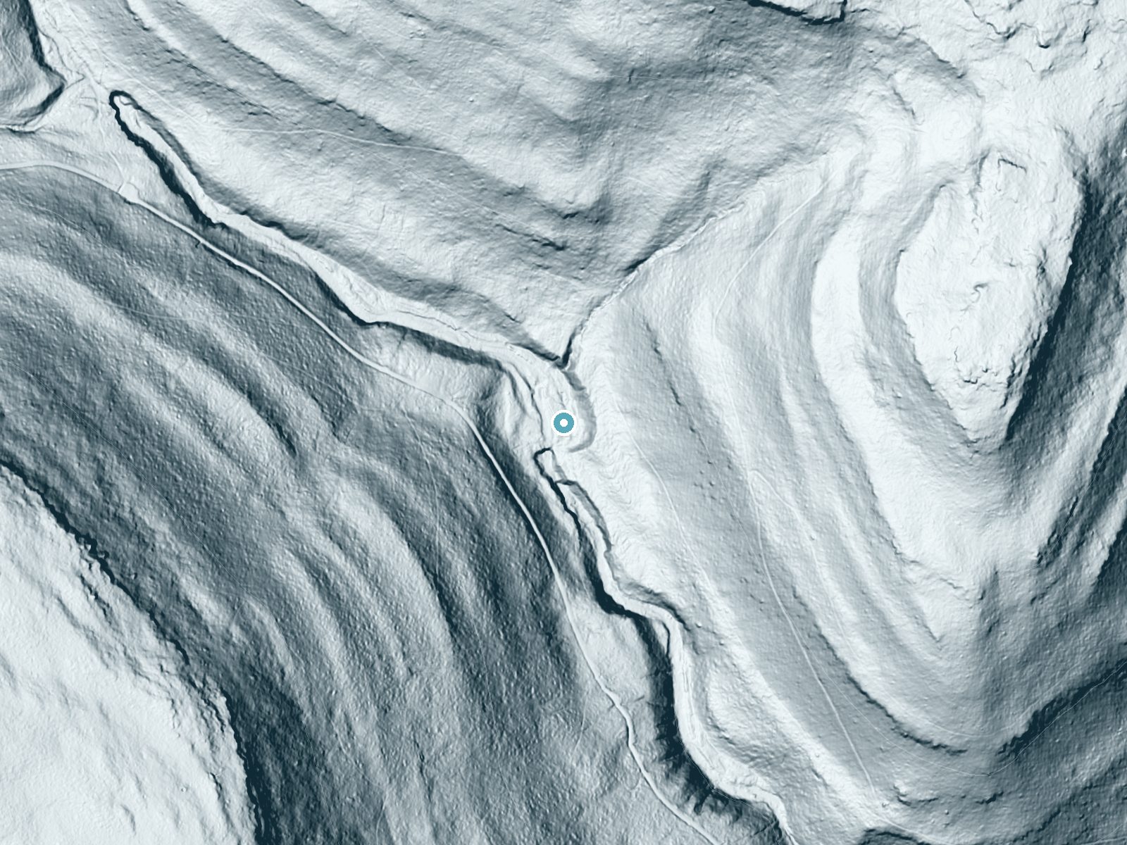 LiDAR bare-earth terrain around Twin Falls near Jamison City, Pennsylvania, showing about 94 feet of drop, a steep tiered drop, facing southwest