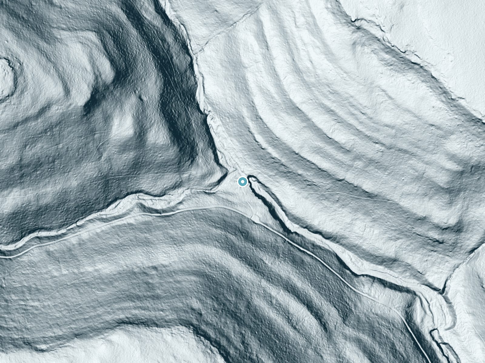 LiDAR bare-earth terrain around Lewis Falls near Jamison City, Pennsylvania, showing about 96 feet of drop, a long cascade, facing southeast