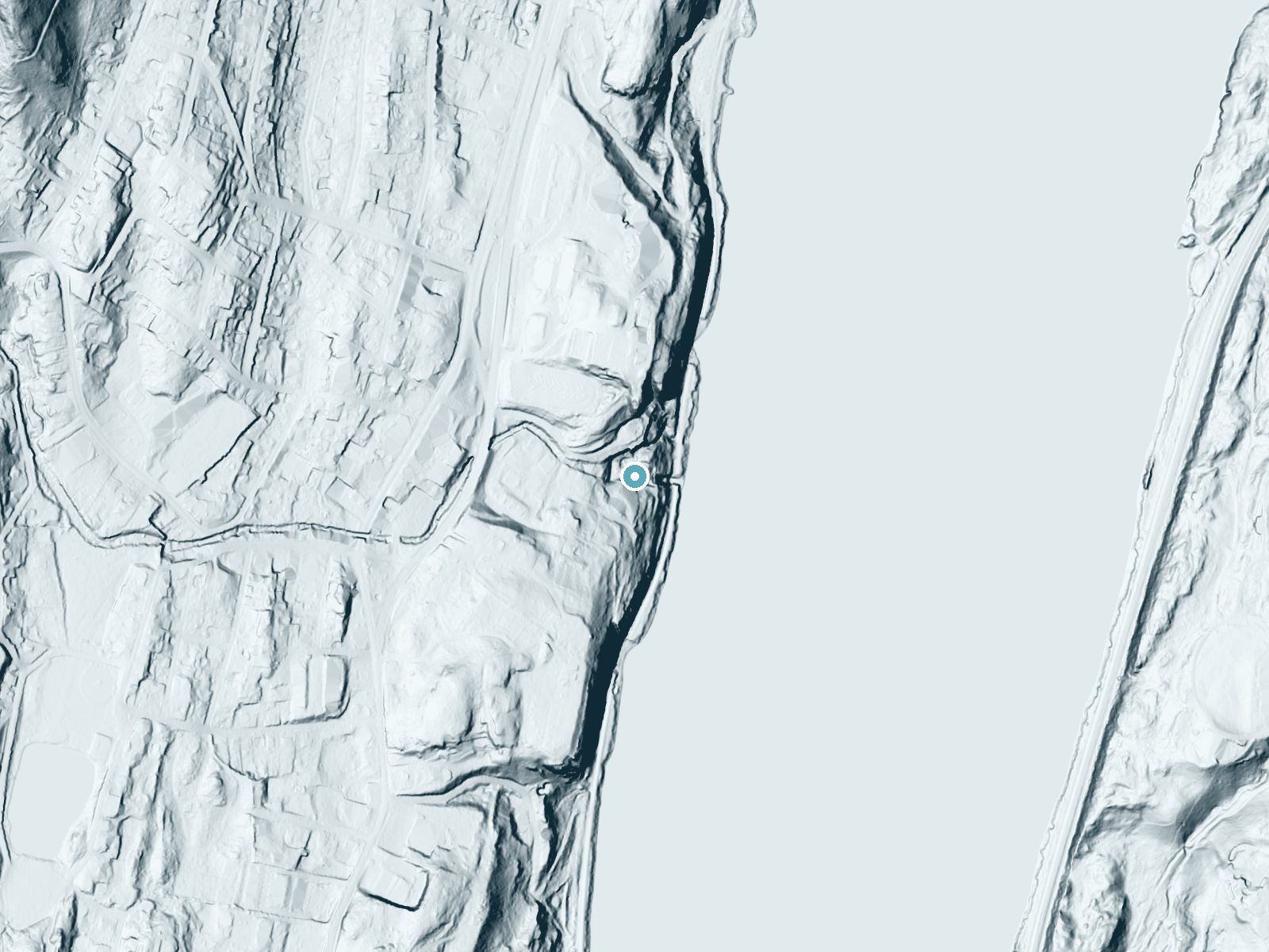 LiDAR bare-earth terrain around Buttermilk Falls near Highland Falls, New York, showing about 146 feet of drop, a steep tiered drop, facing east