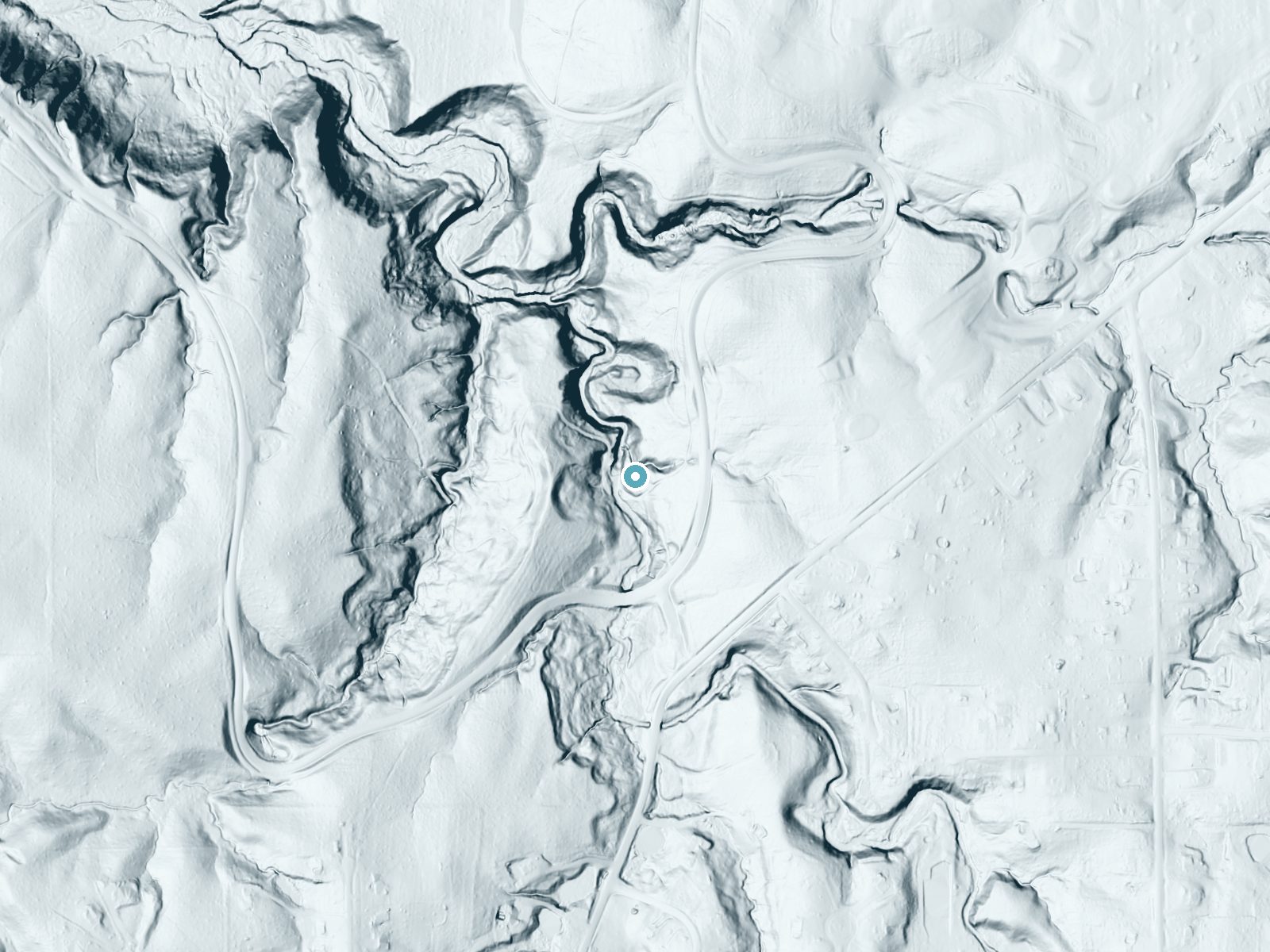 LiDAR bare-earth terrain around Bridal Veil Falls near Walton Hills, Ohio, showing about 84 feet of drop, a long cascade, facing west