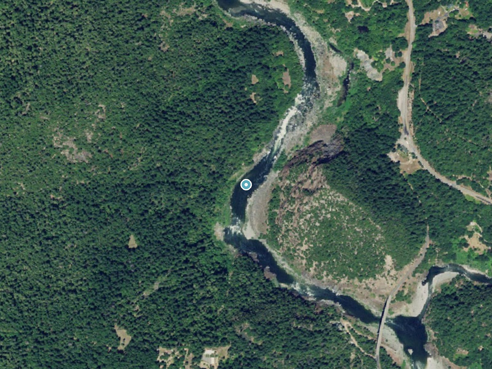 Aerial photo of the same ground around Ishi Pishi Falls near Wautec, California, for comparison with the lidar view