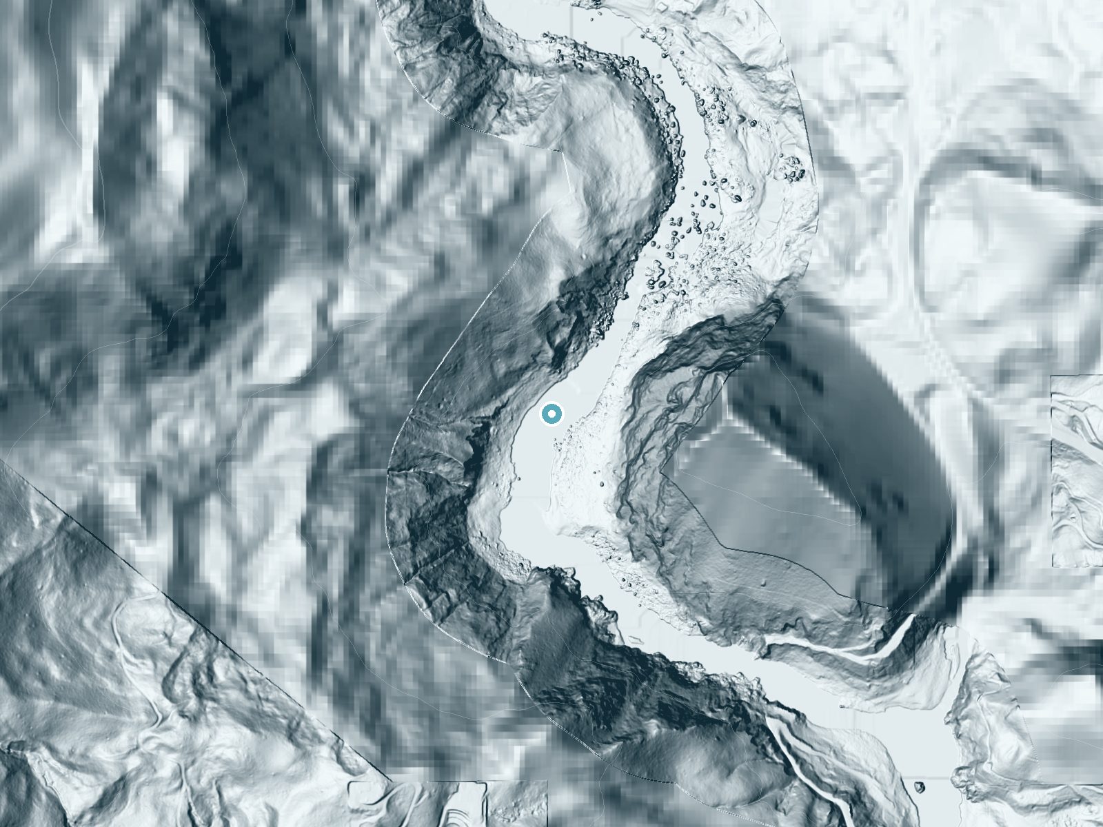 LiDAR bare-earth terrain around Ishi Pishi Falls near Wautec, California, showing about 90 feet of drop, a steep tiered drop, facing southeast
