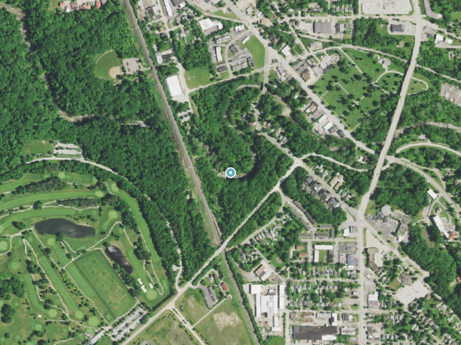 Aerial photo of the same ground around Great Falls near Bedford, Ohio, for comparison with the lidar view