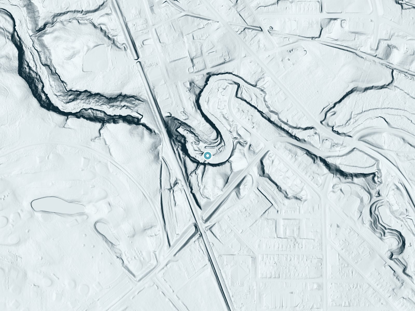 LiDAR bare-earth terrain around Great Falls near Bedford, Ohio, showing about 101 feet of drop, a steep tiered drop, facing northwest