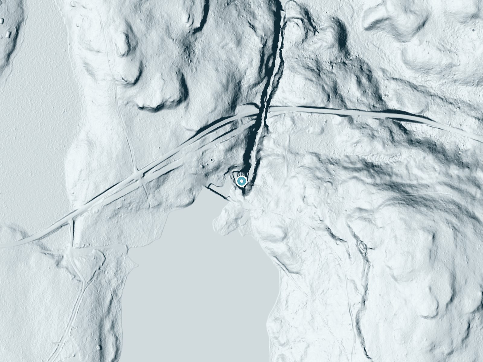 LiDAR bare-earth terrain around Shohola Falls near Sunrise Lake, Pennsylvania, showing about 76 feet of drop, a long cascade, facing north
