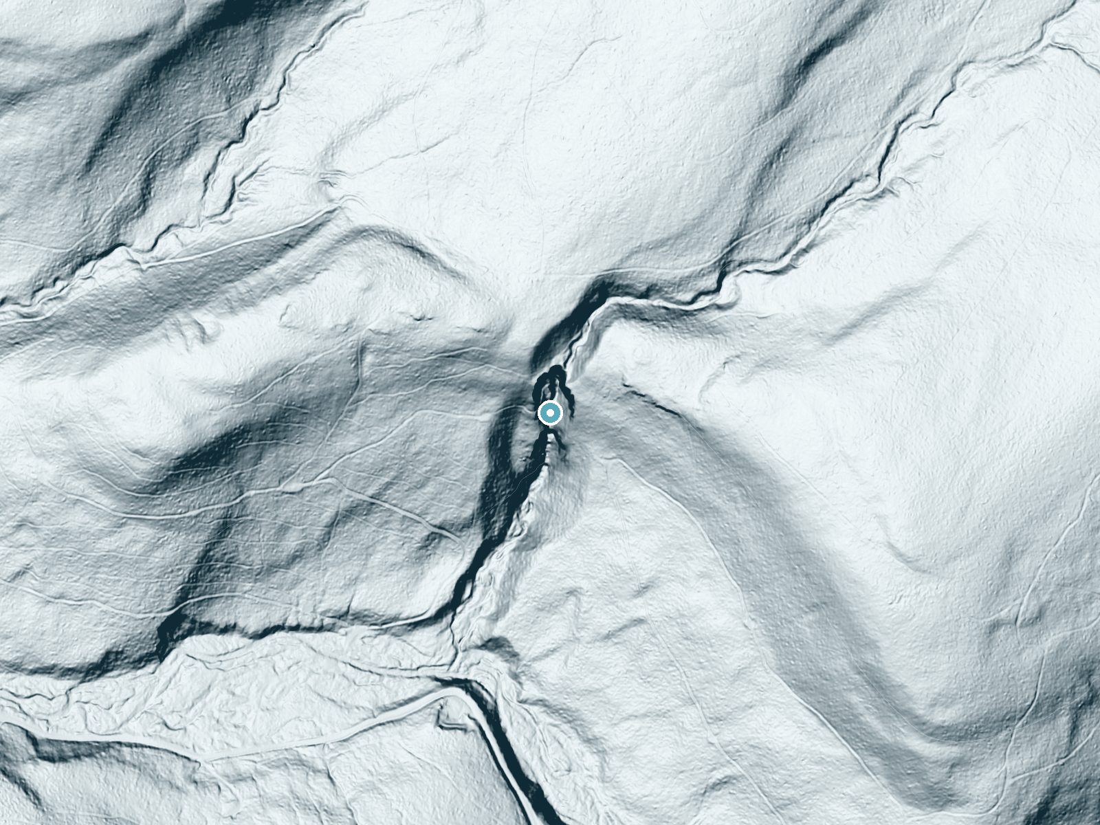 LiDAR bare-earth terrain around Angel Falls near Eagles Mere, Pennsylvania, showing about 266 feet of drop, a steep tiered drop, facing south