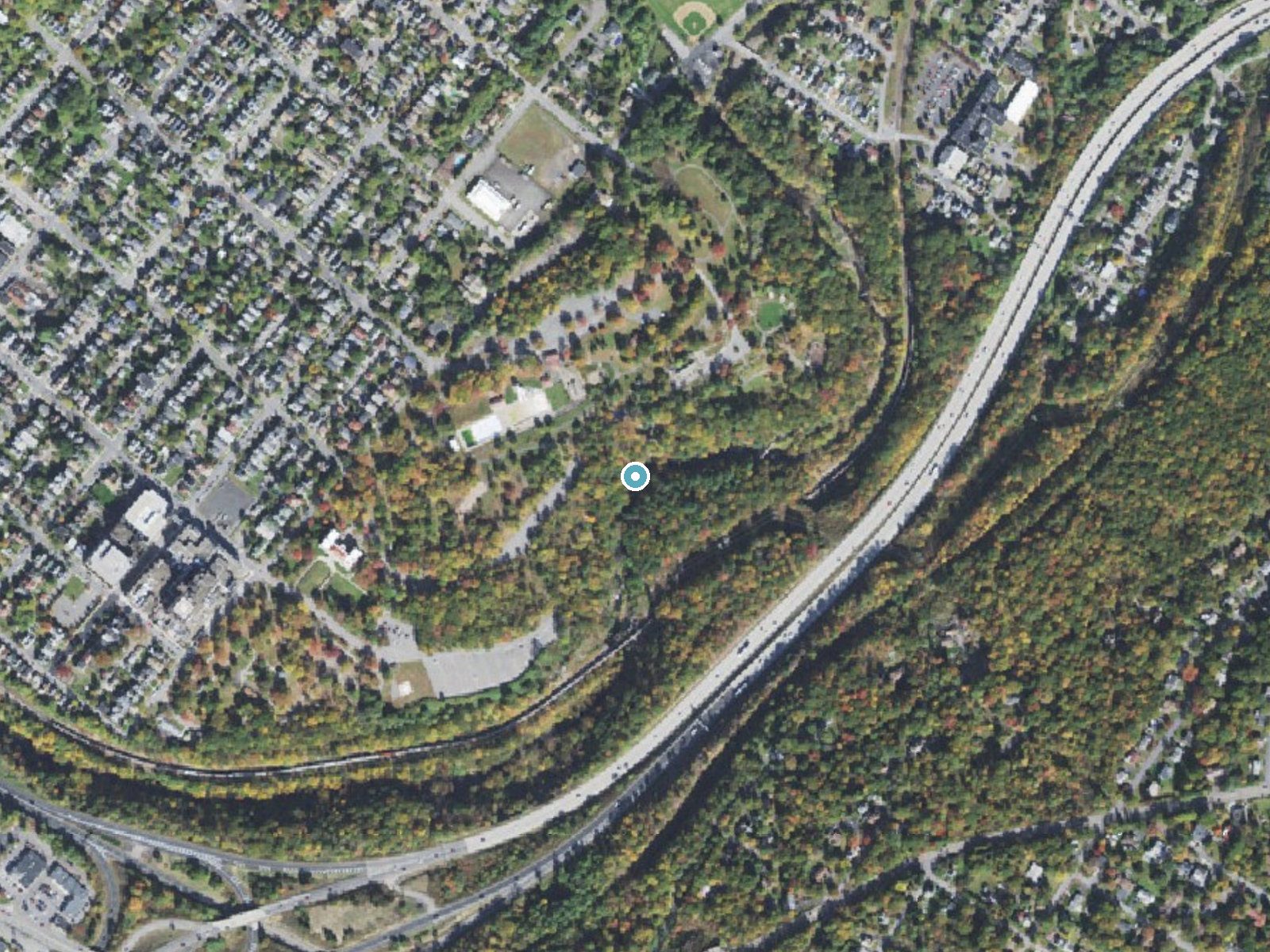 Aerial photo of the same ground around Nay Aug Falls near Scranton, Pennsylvania, for comparison with the lidar view