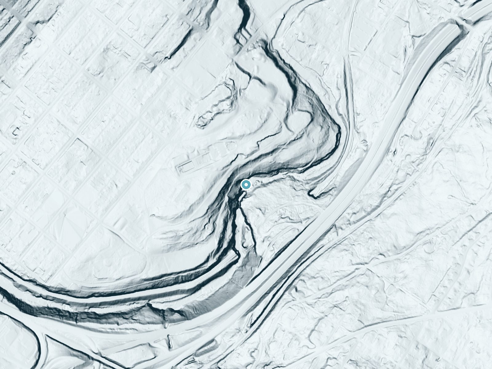 LiDAR bare-earth terrain around Nay Aug Falls near Scranton, Pennsylvania, showing about 150 feet of drop, a steep tiered drop, facing southeast