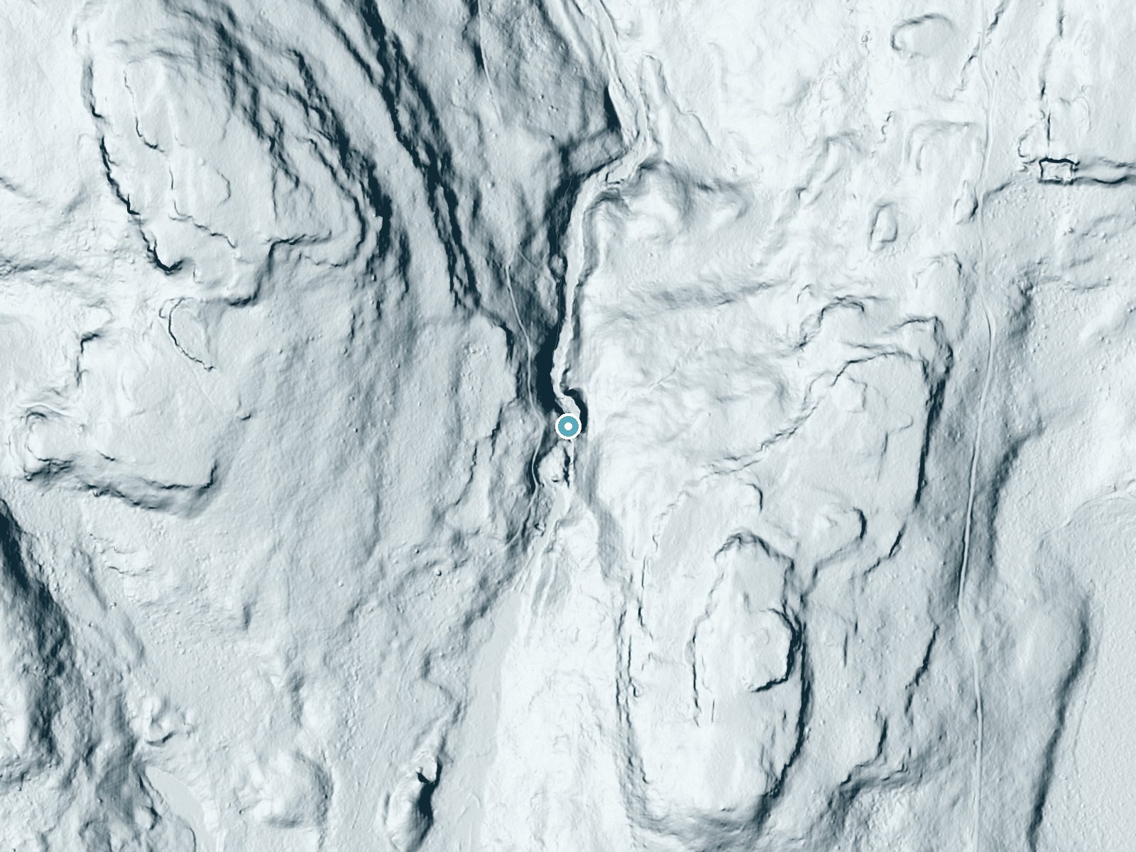 LiDAR bare-earth terrain around High Falls near Hemlock Farms, Pennsylvania, showing about 124 feet of drop, a steep tiered drop, facing west