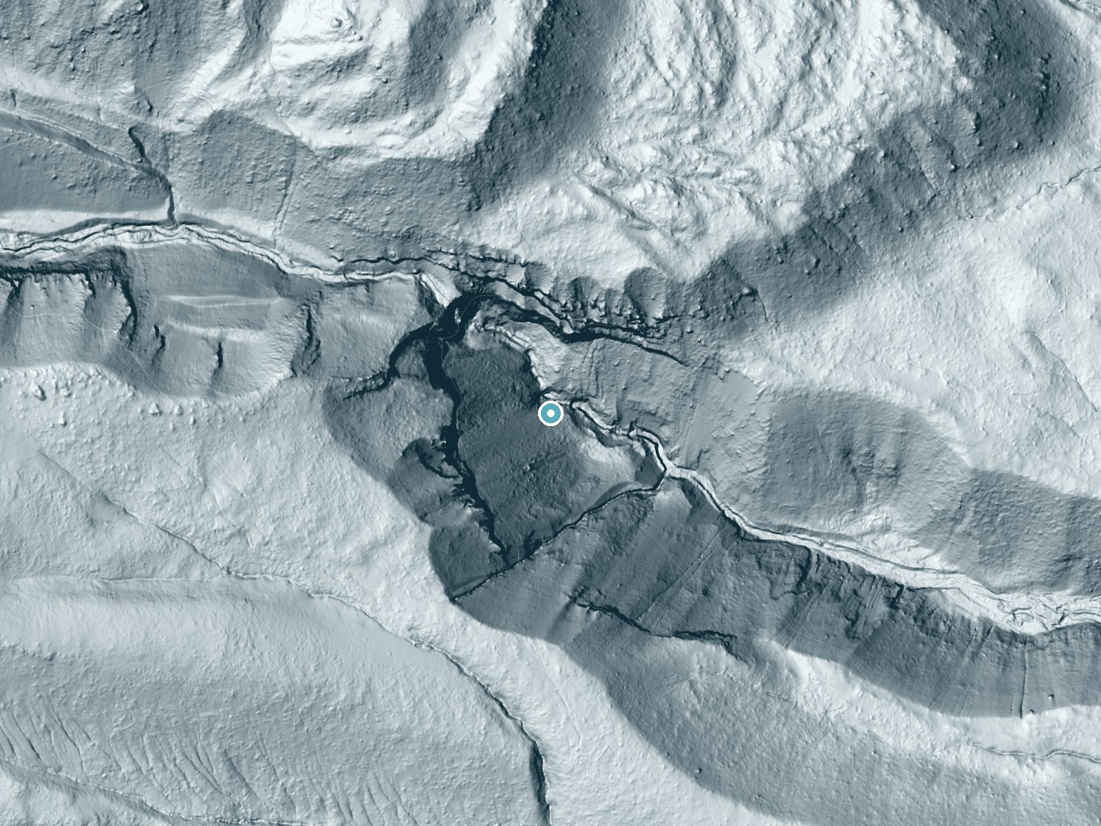 LiDAR bare-earth terrain around Ash Creek Falls near McCloud, California, showing about 256 feet of drop, a steep tiered drop, facing east