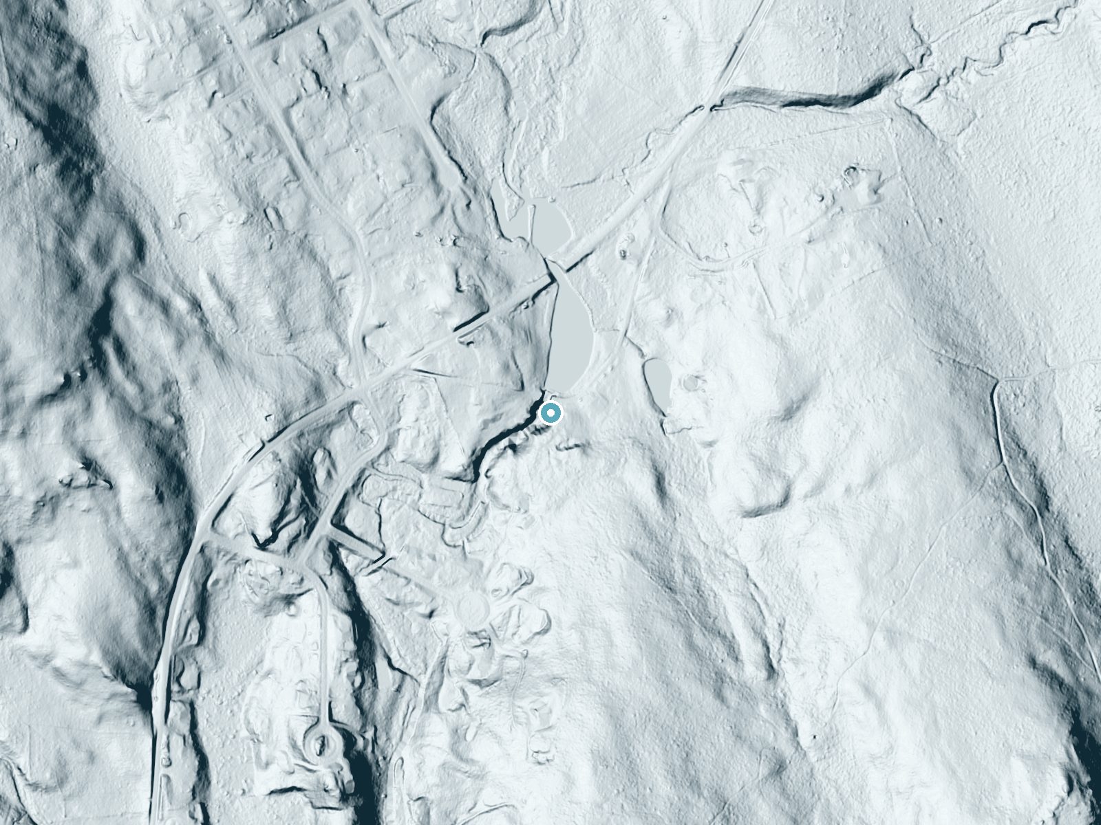 LiDAR bare-earth terrain around Silver Falls near Niantic, Connecticut, showing about 45 feet of drop, a long cascade, facing northwest