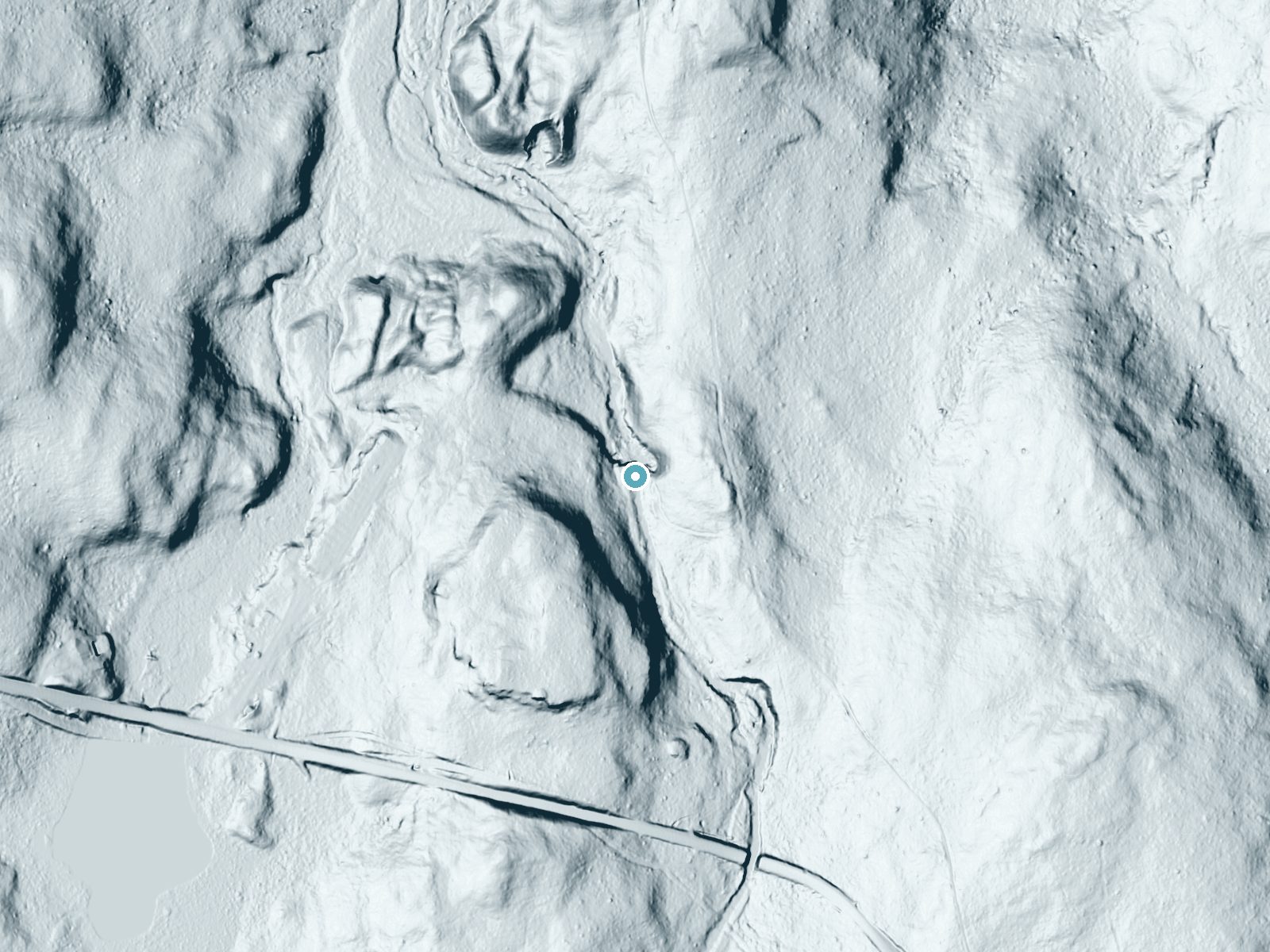 LiDAR bare-earth terrain around Ridgeway Falls near Hawley, Pennsylvania, showing about 69 feet of drop, a long cascade, facing northwest