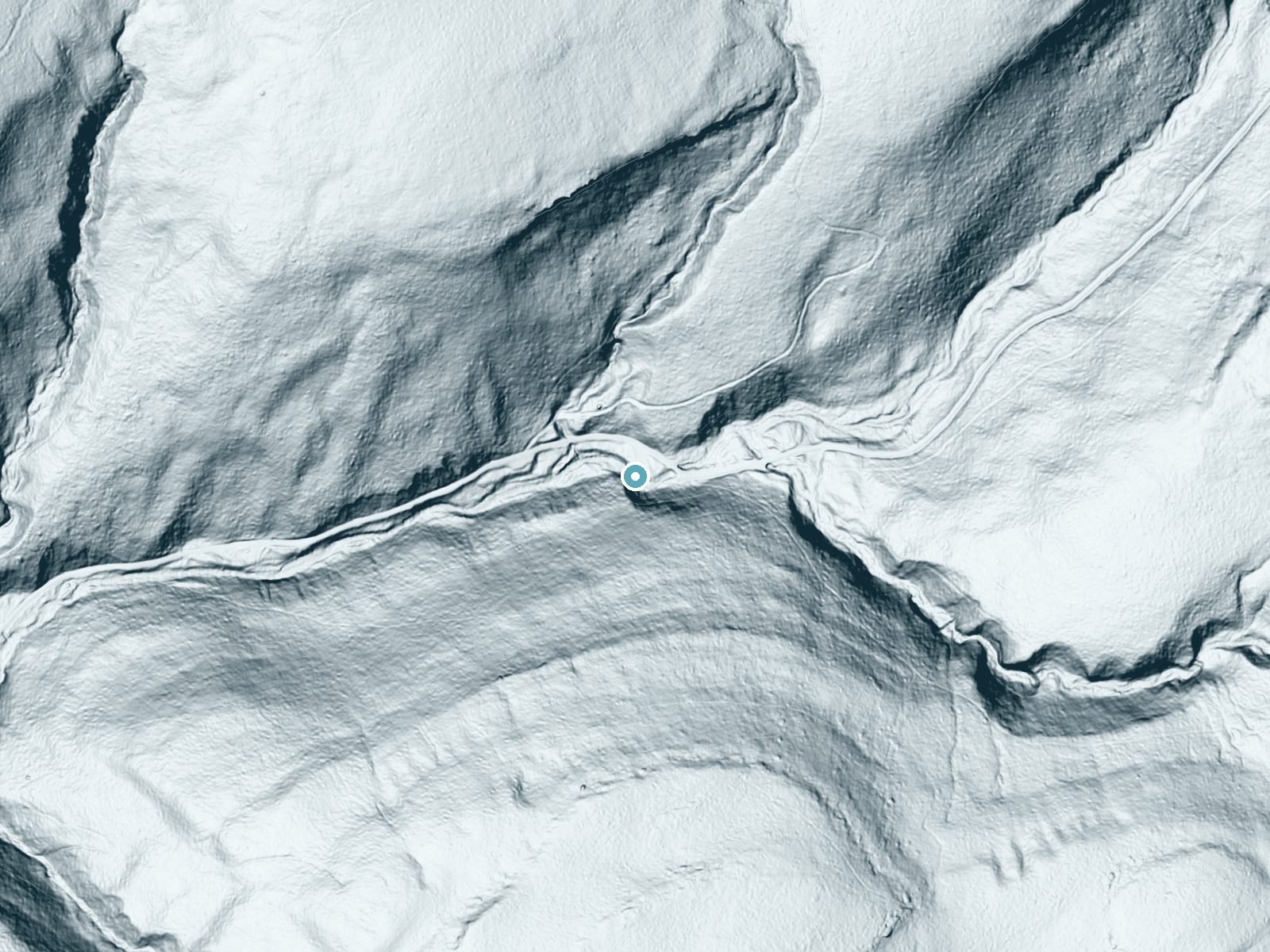 LiDAR bare-earth terrain around Dry Run Falls near Eagles Mere, Pennsylvania, showing about 164 feet of drop, a steep tiered drop, facing northwest