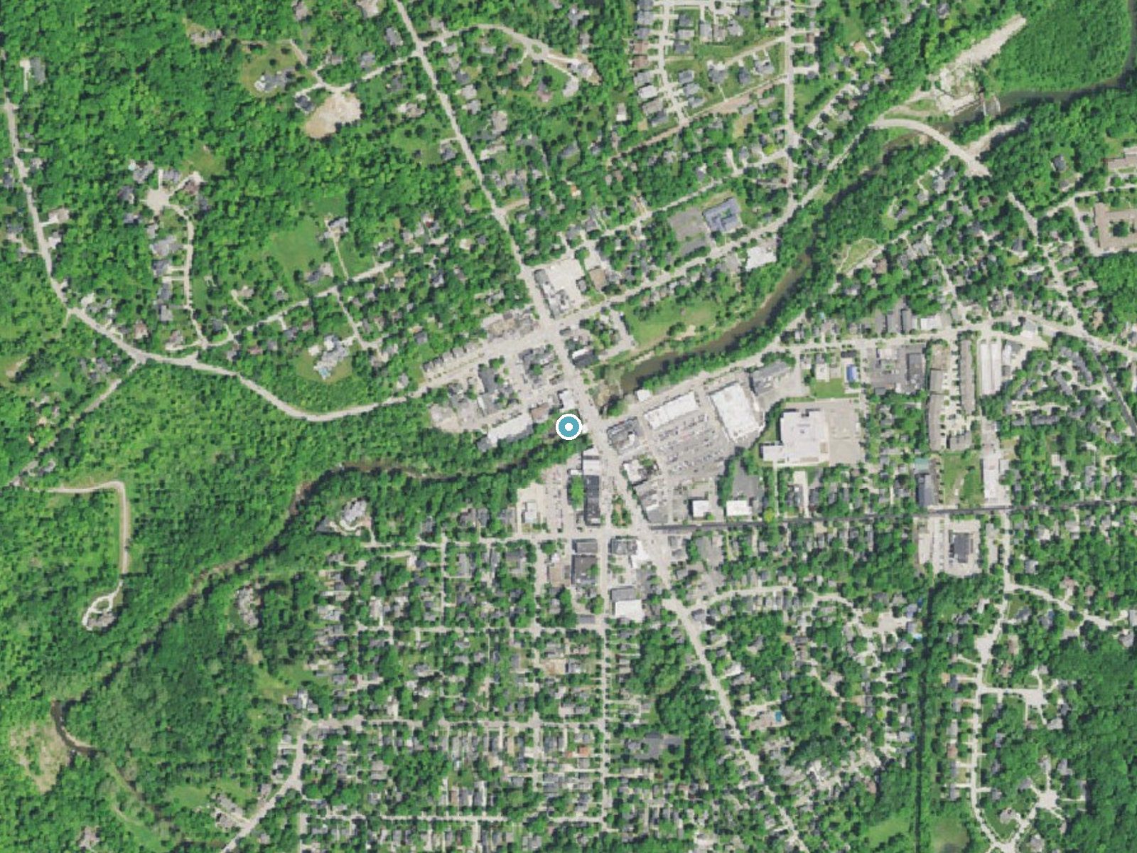 Aerial photo of the same ground around Chagrin Falls near Chagrin Falls, Ohio, for comparison with the lidar view