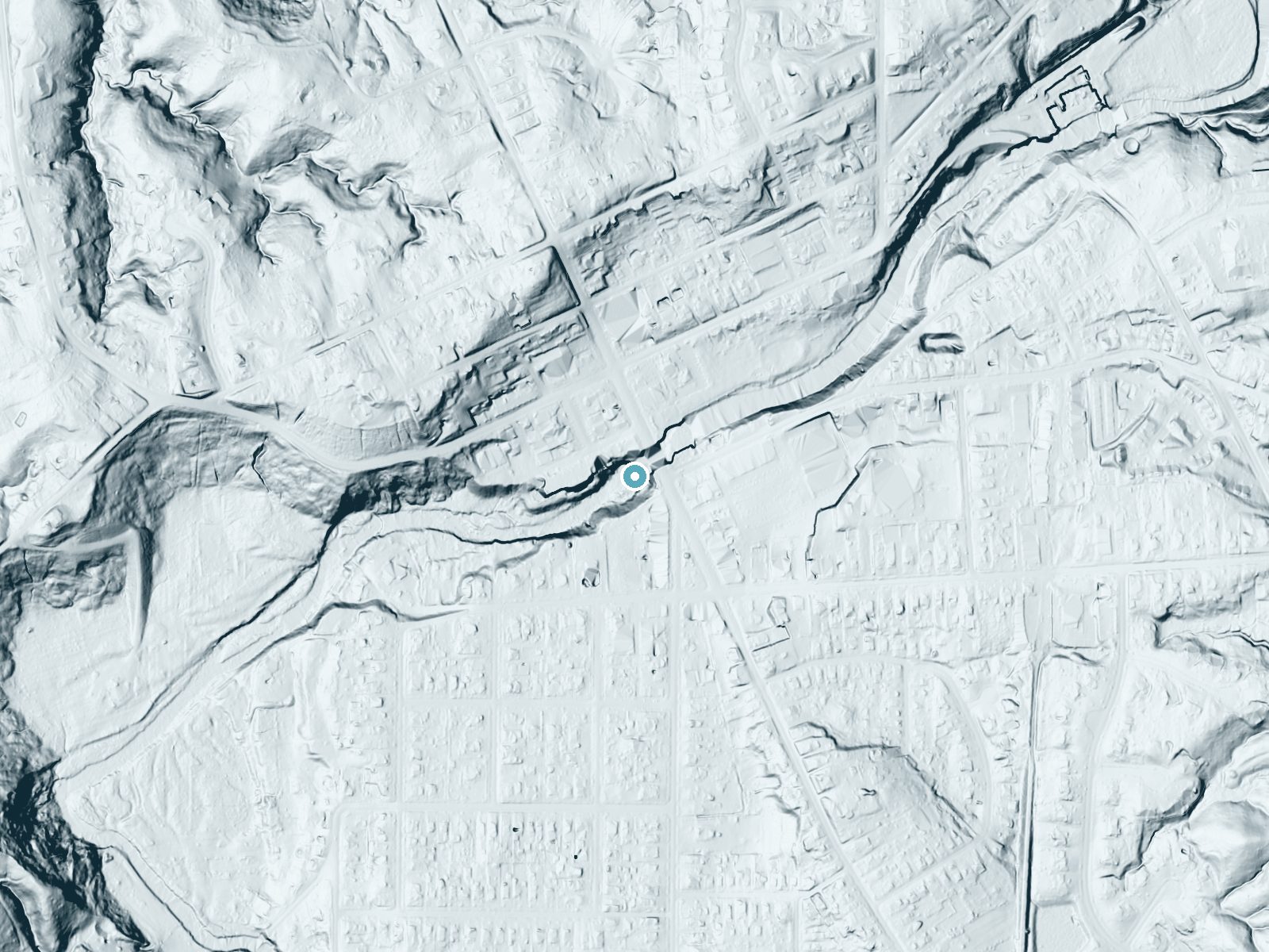 LiDAR bare-earth terrain around Chagrin Falls near Chagrin Falls, Ohio, showing about 49 feet of drop, a long cascade, facing southwest