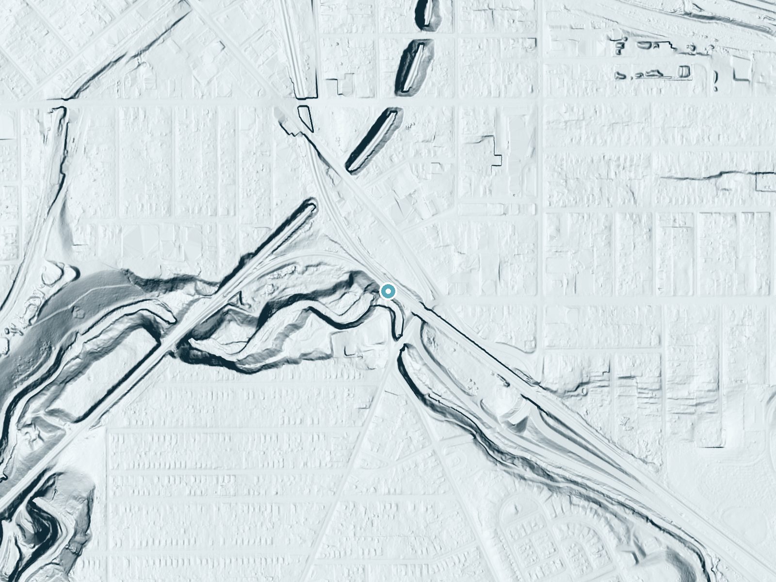 LiDAR bare-earth terrain around Mill Creek Falls near Cuyahoga Heights, Ohio, showing about 101 feet of drop, a steep tiered drop, facing southwest