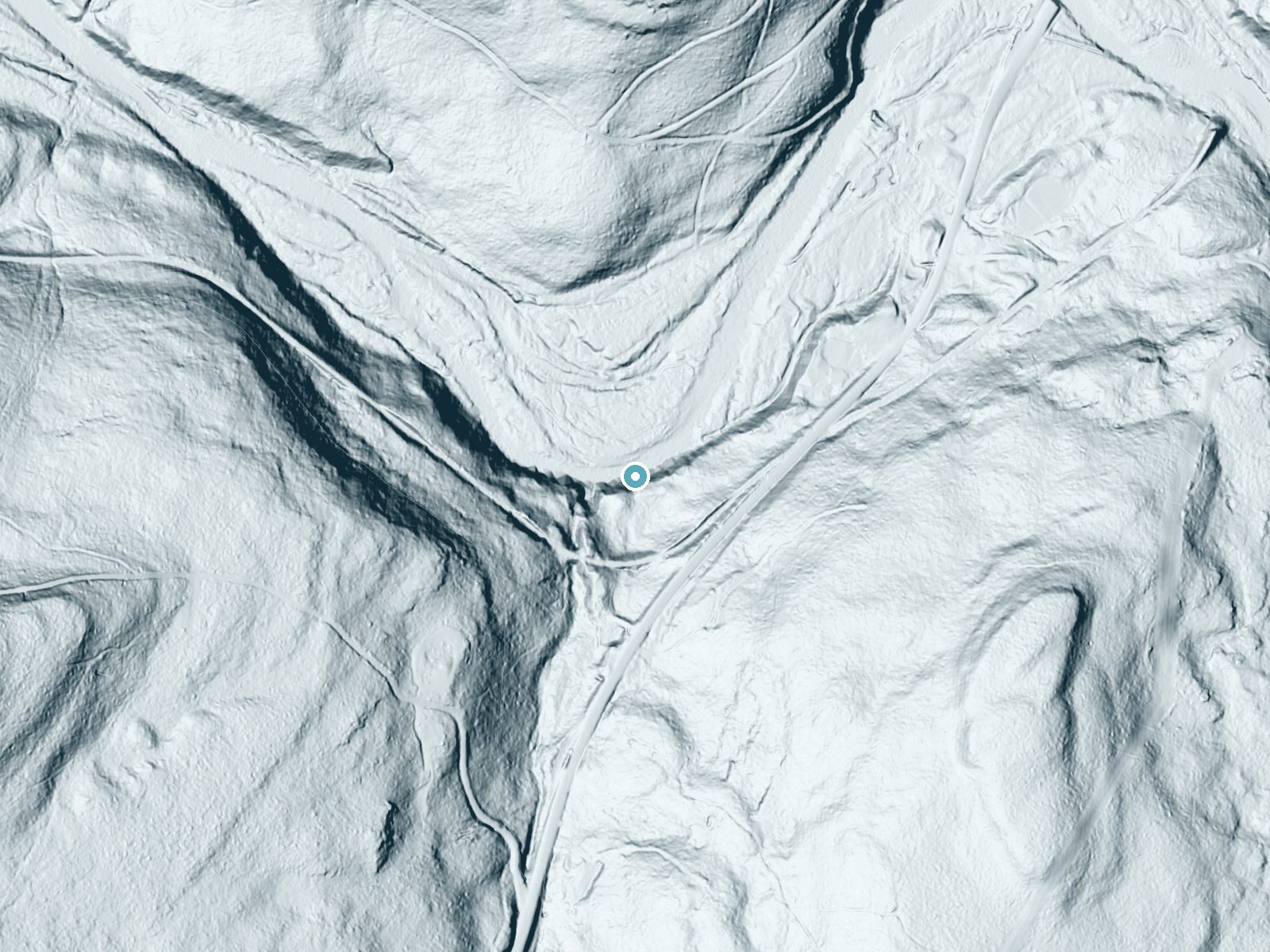 LiDAR bare-earth terrain around Dutchman Falls near Dushore, Pennsylvania, showing about 66 feet of drop, a long cascade, facing north