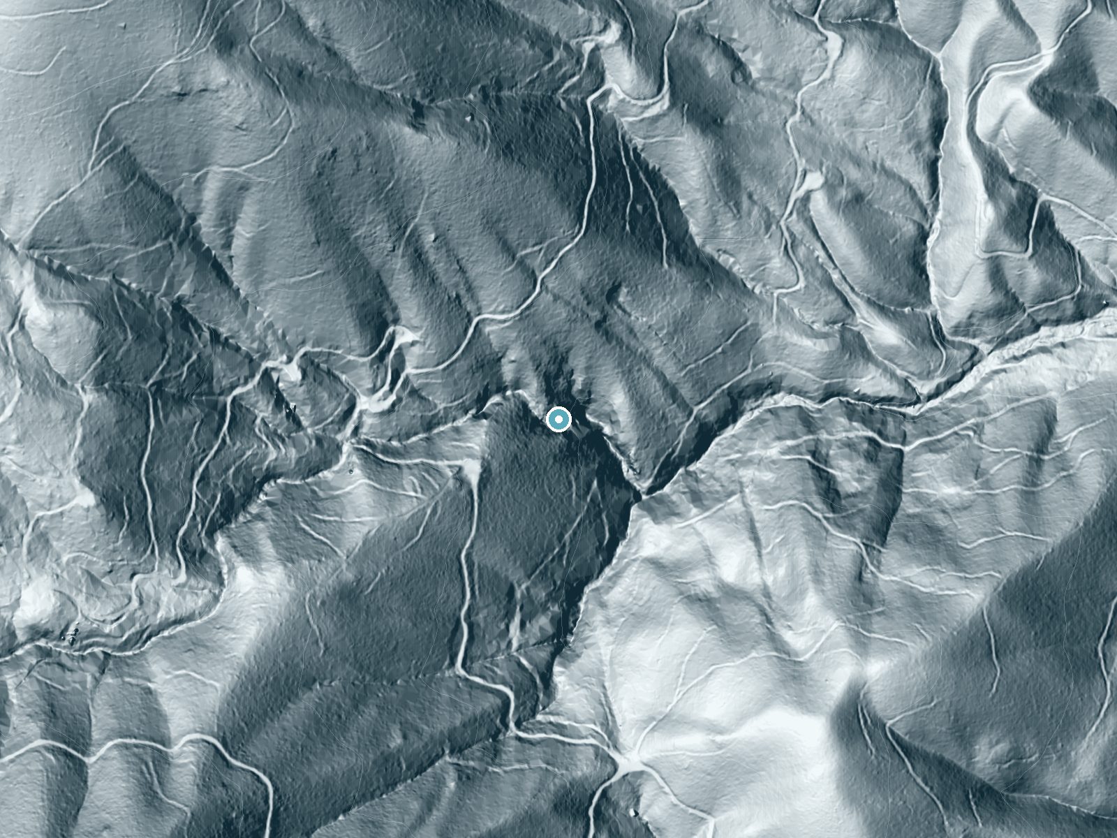 LiDAR bare-earth terrain around Johnson Creek Falls near Etna, California, showing about 332 feet of drop, a steep tiered drop, facing east