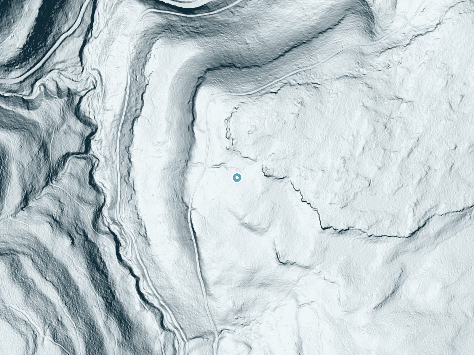 LiDAR bare-earth terrain around Cold Run Road Falls near Forksville, Pennsylvania, showing about 54 feet of drop, a long cascade, facing west