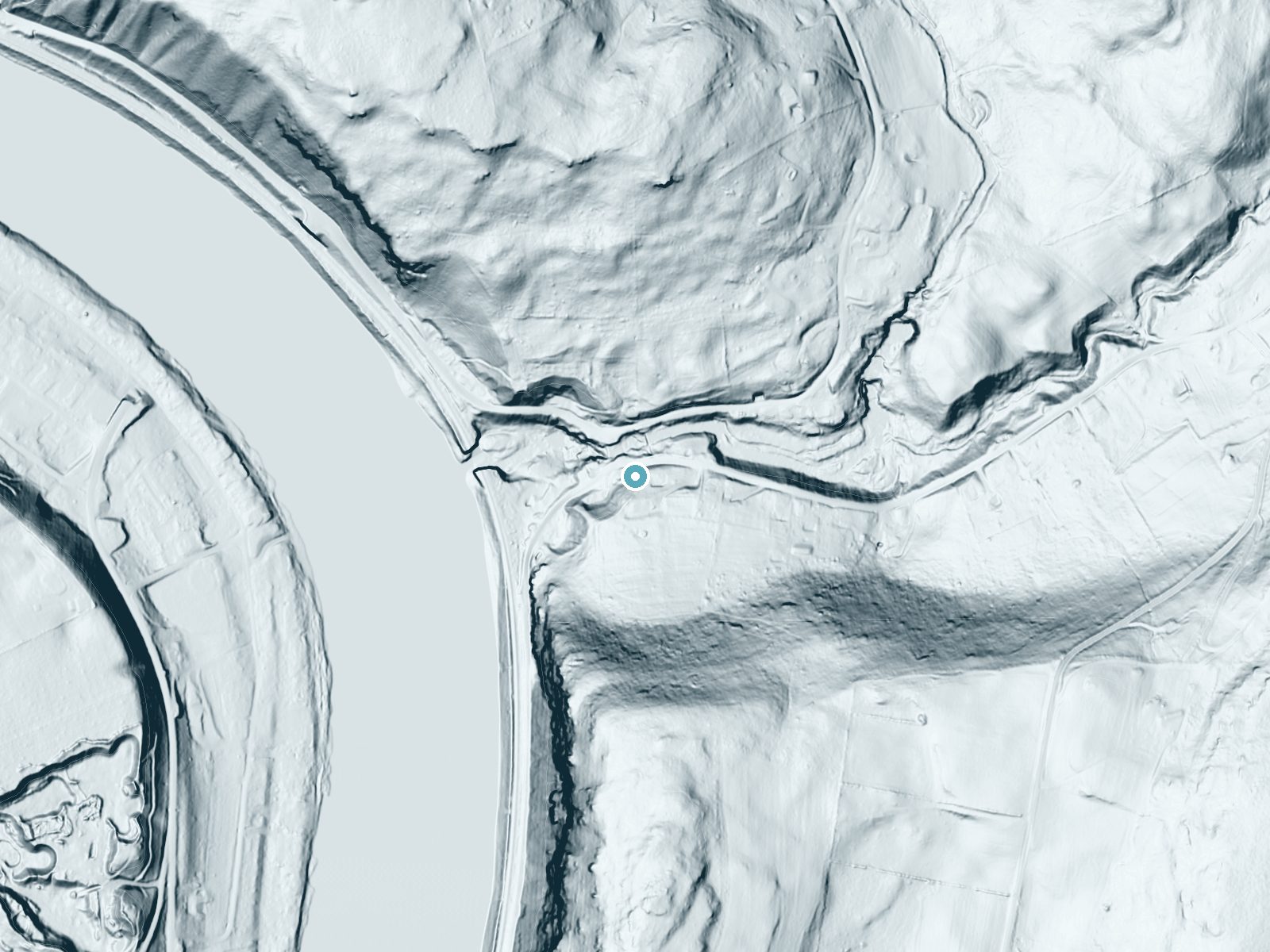 LiDAR bare-earth terrain around Buttermilk Falls near West Falls, Pennsylvania, showing about 105 feet of drop, a long cascade, facing northwest