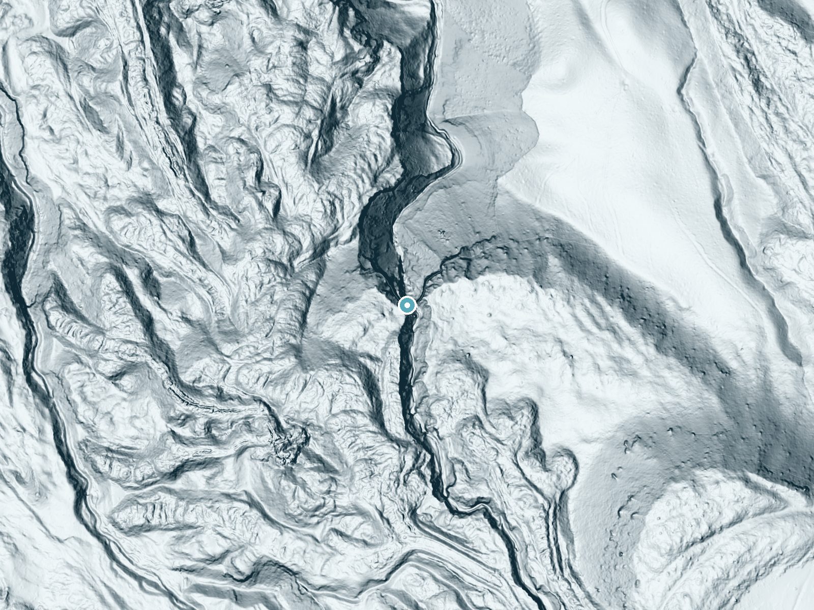 LiDAR bare-earth terrain around Whitney Falls near Carrick, California, showing about 413 feet of drop, a single sheer drop, facing north