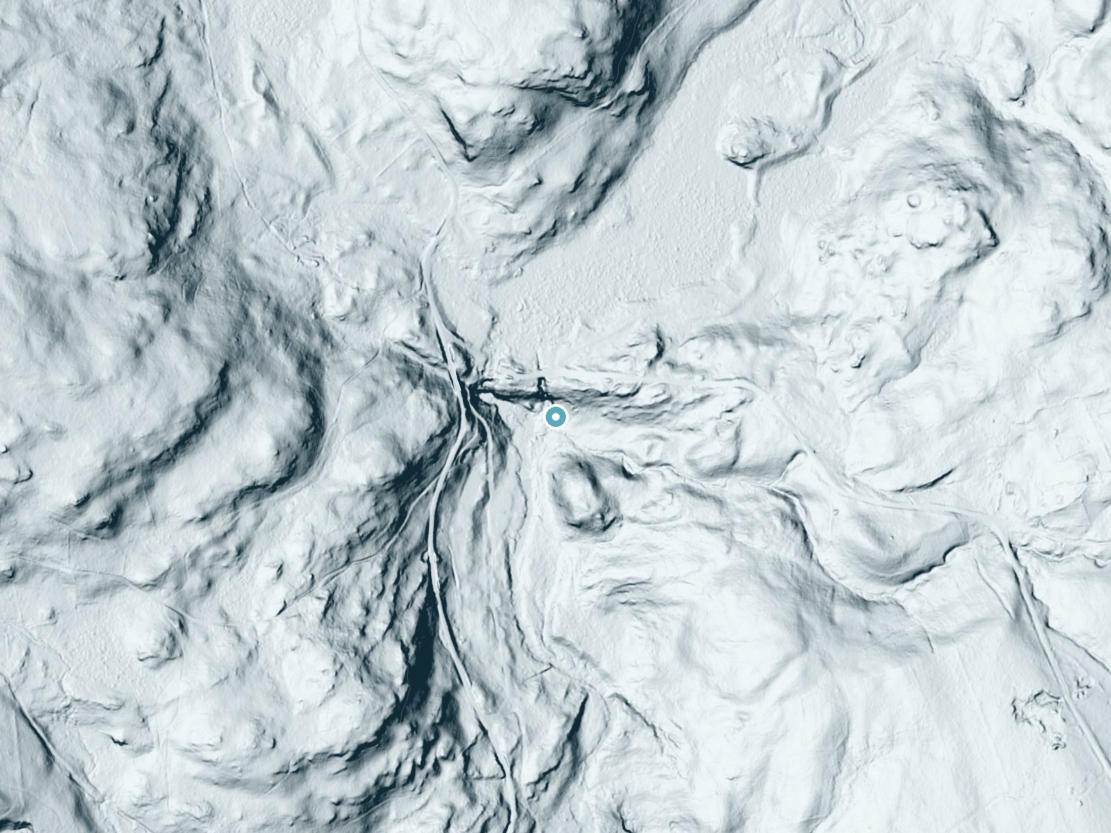 LiDAR bare-earth terrain around Chapman Falls near Moodus, Connecticut, showing about 75 feet of drop, a steep tiered drop, facing southwest