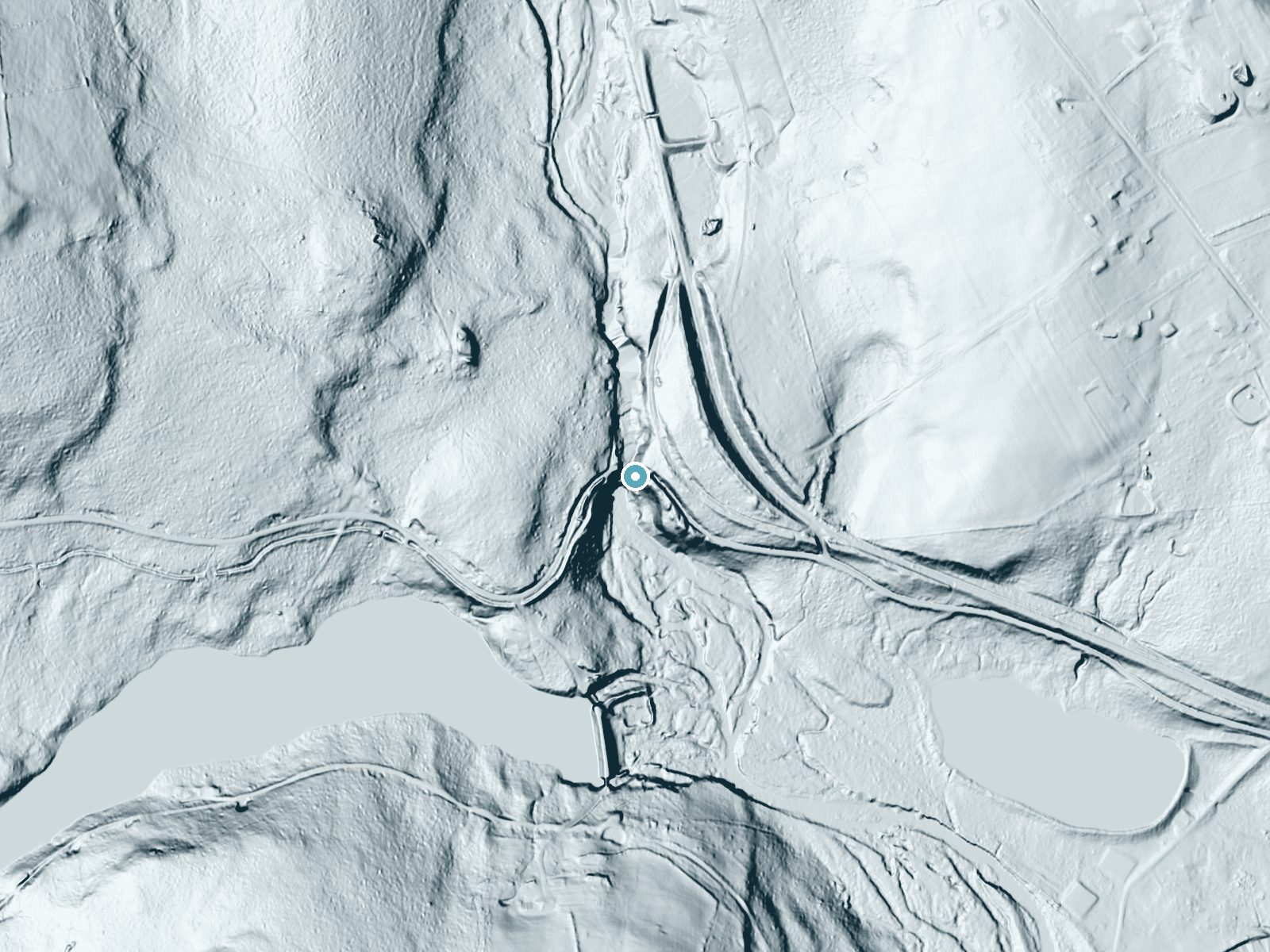 LiDAR bare-earth terrain around Wangum Falls near White Mills, Pennsylvania, showing about 89 feet of drop, a long cascade, facing south
