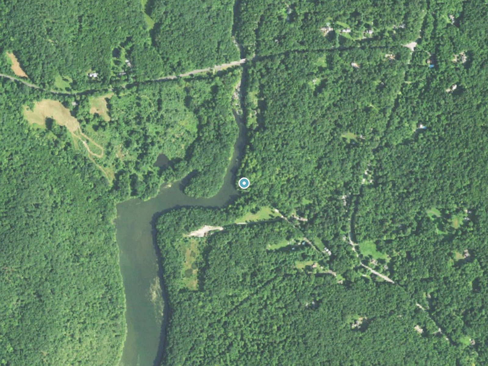 Aerial photo of the same ground around Roxbury Falls near Bridgewater, Connecticut, for comparison with the lidar view