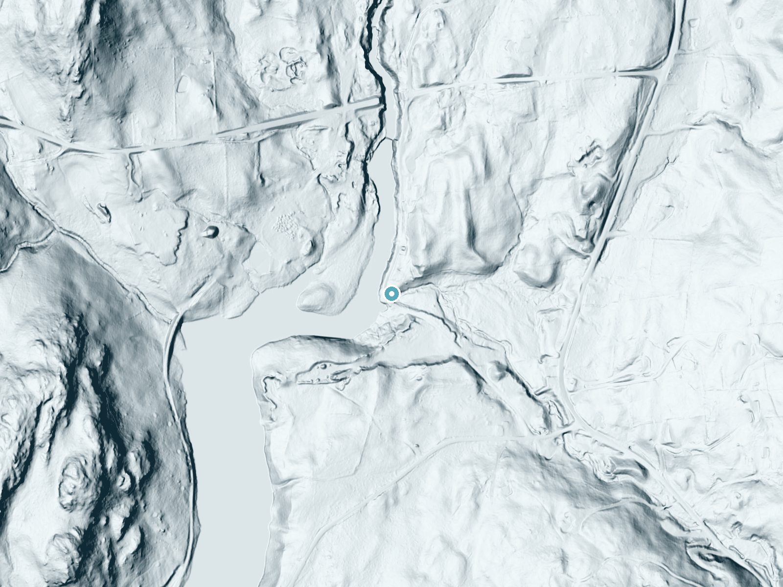 LiDAR bare-earth terrain around Roxbury Falls near Bridgewater, Connecticut, showing about 48 feet of drop, a long cascade, facing west