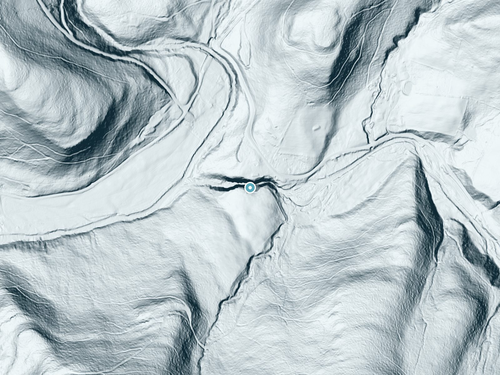 LiDAR bare-earth terrain around Lincoln Falls near Forksville, Pennsylvania, showing about 115 feet of drop, a steep tiered drop, facing northwest