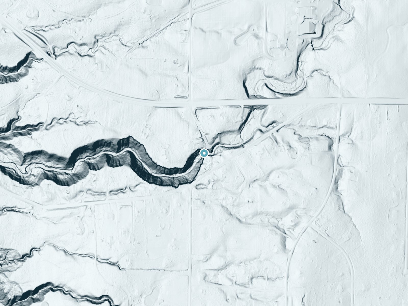 LiDAR bare-earth terrain around Deans Fall near Gates Mills, Ohio, showing about 132 feet of drop, a steep tiered drop, facing southwest