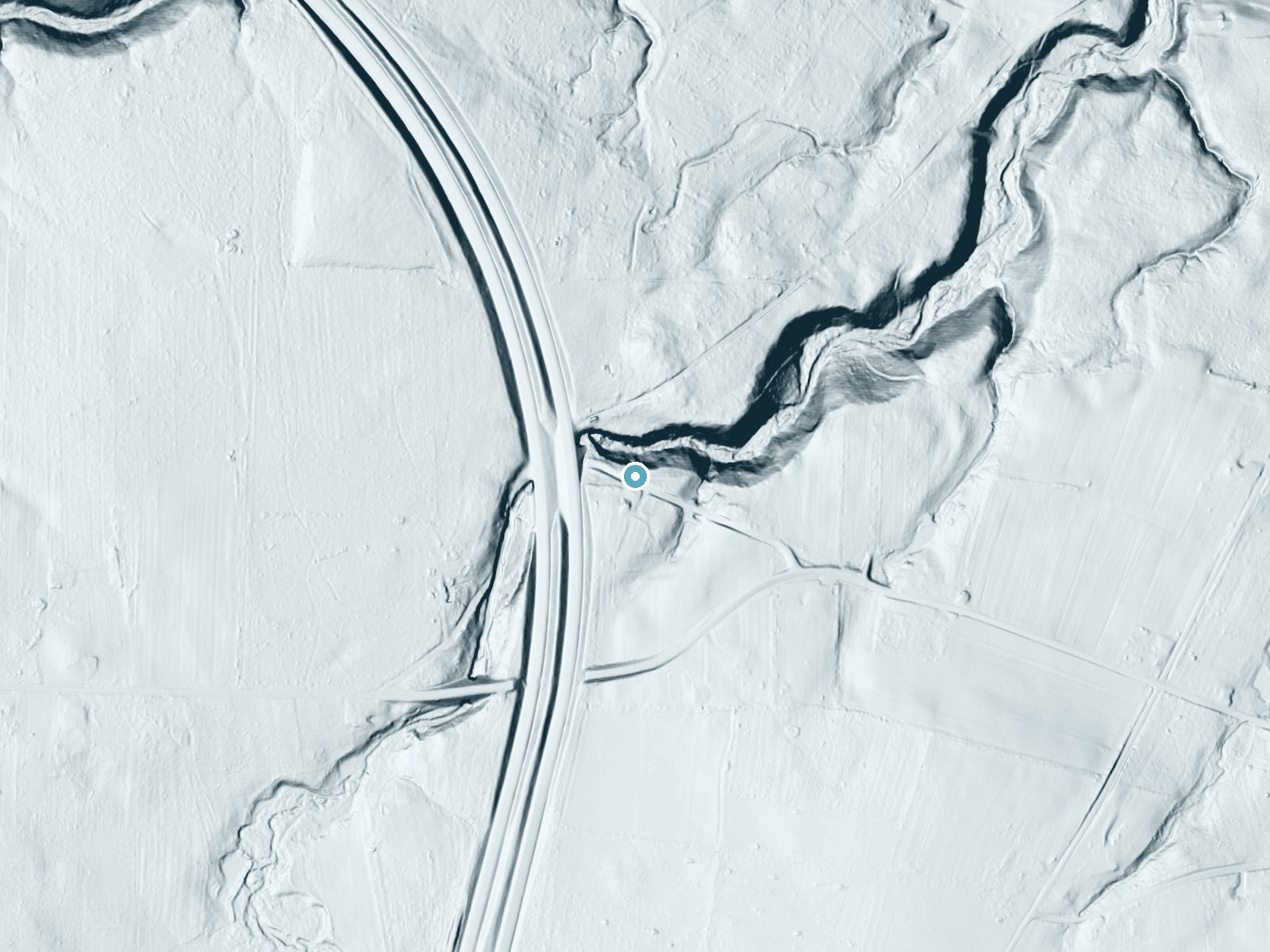 LiDAR bare-earth terrain around Rock Creek Falls near Geneva, Pennsylvania, showing about 87 feet of drop, a steep tiered drop, facing north