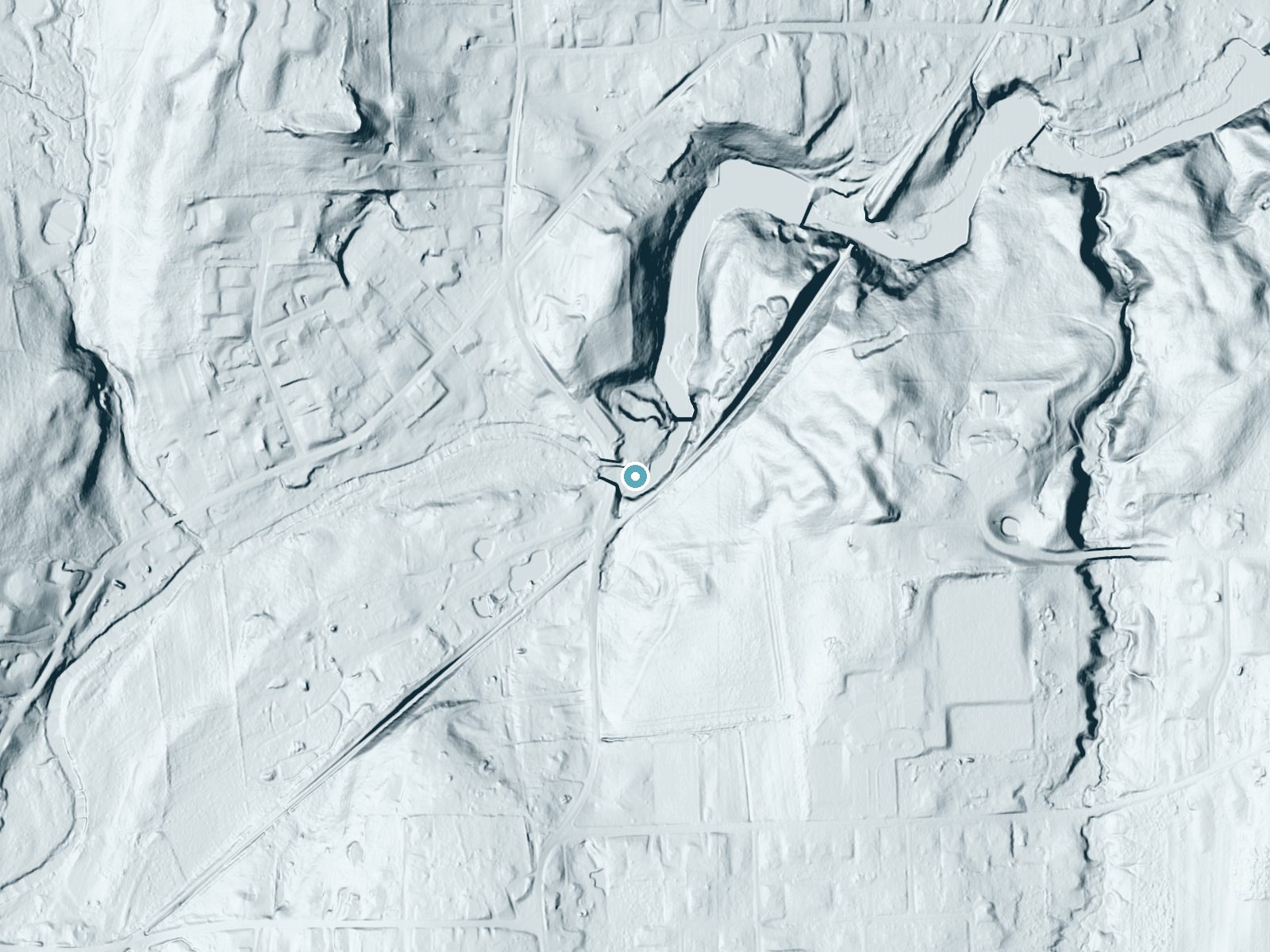 LiDAR bare-earth terrain around Wadsworth Falls near Middletown, Connecticut, showing about 39 feet of drop, a long cascade, facing north