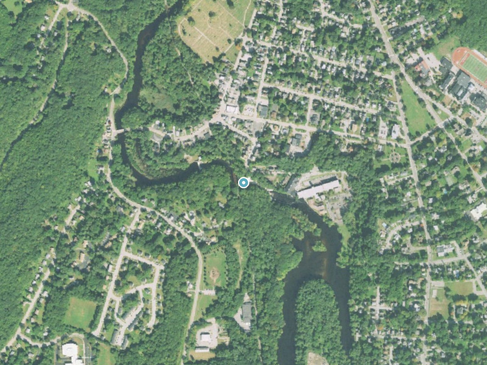 Aerial photo of the same ground around Yantic Falls near Norwich, Connecticut, for comparison with the lidar view